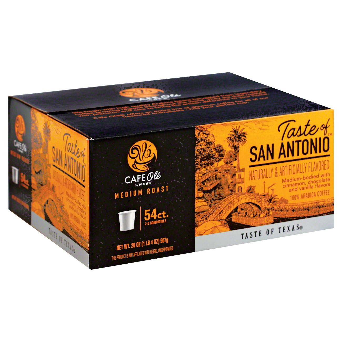 Cafe Ole Medium Roast "Taste of San Antonio" coffee box, 54 K-Cups. Features cinnamon, chocolate, vanilla flavors, 100% Arabica beans.