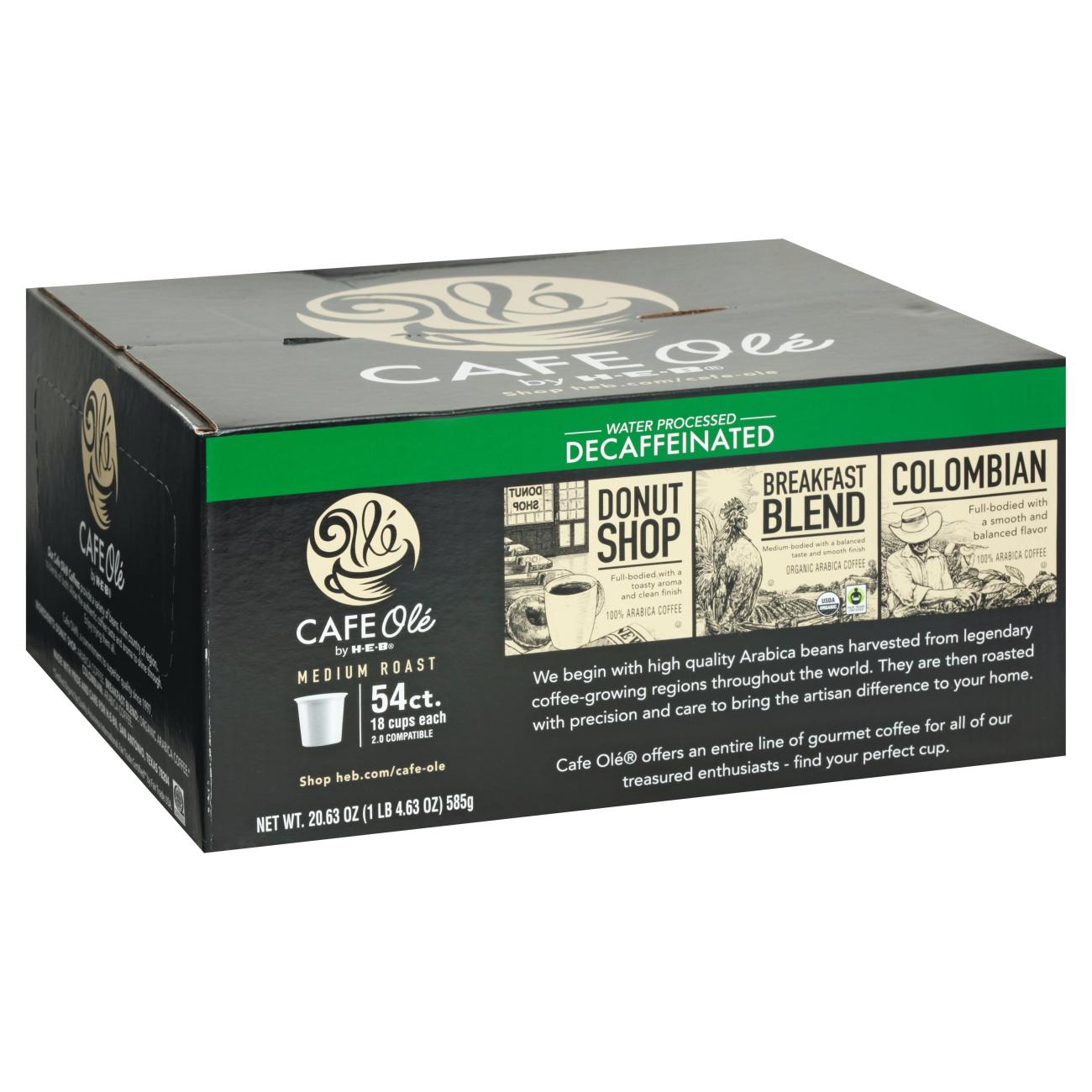 HEB Cafe Ole Variery Pack DECAF Donut shop, Breakfast Blend, Colombian 54 Single Serve K-cups