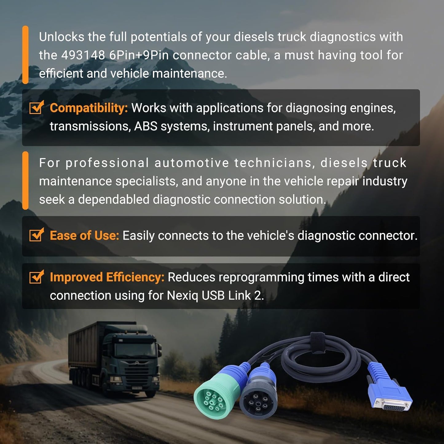 DB26 Nexiq 493148 Diagnostic Cable 6/9-Pin Cummins Adapter for Trucks