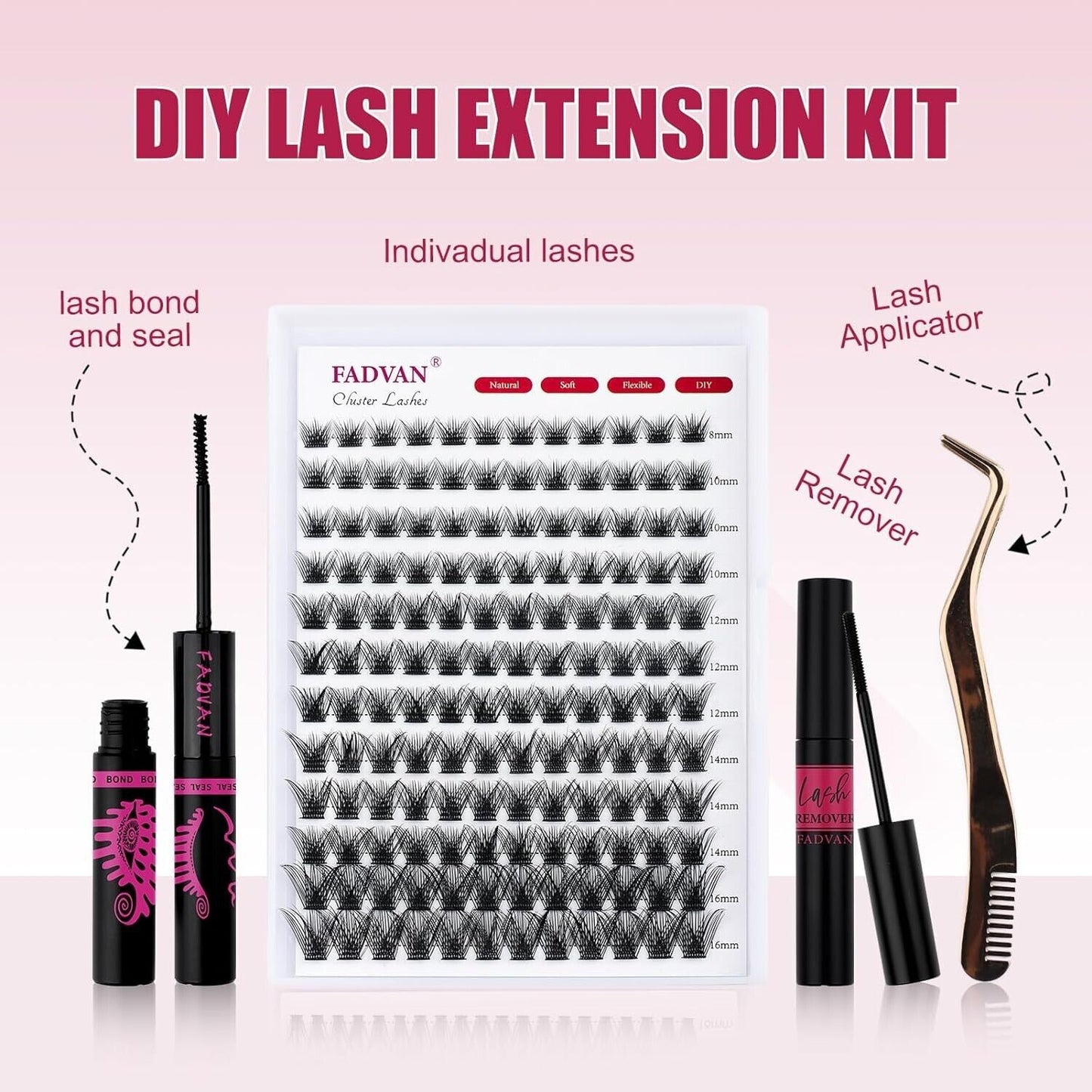 DIY Lash Extension Kit 144PCS Clusters, Bond, Tweezers, Glue Remover (A04-0.07D)