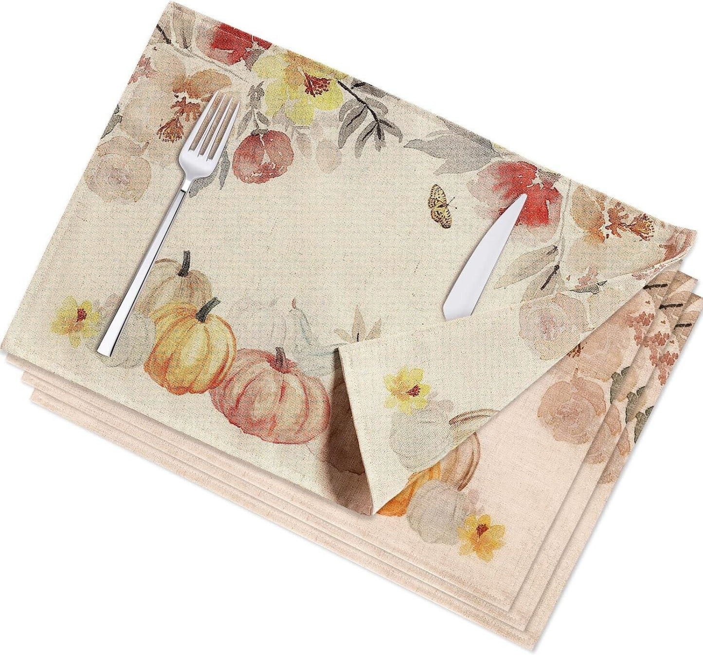 Farmhouse Reversible Placemats Set of 4 Yellow Linen Polyester 12x18 inch