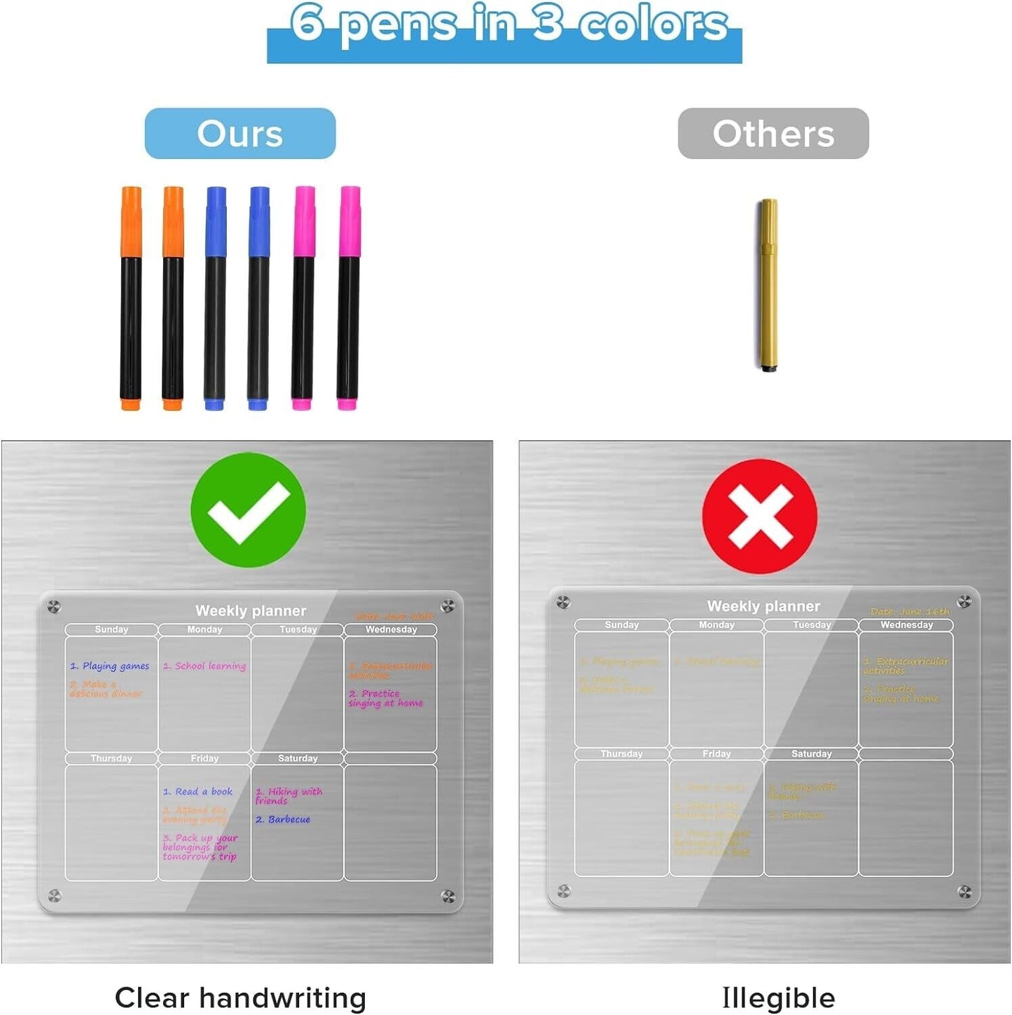 Magnetic Transparent Board Calendar for Fridge 3 Color Pen 6 Dry Erase