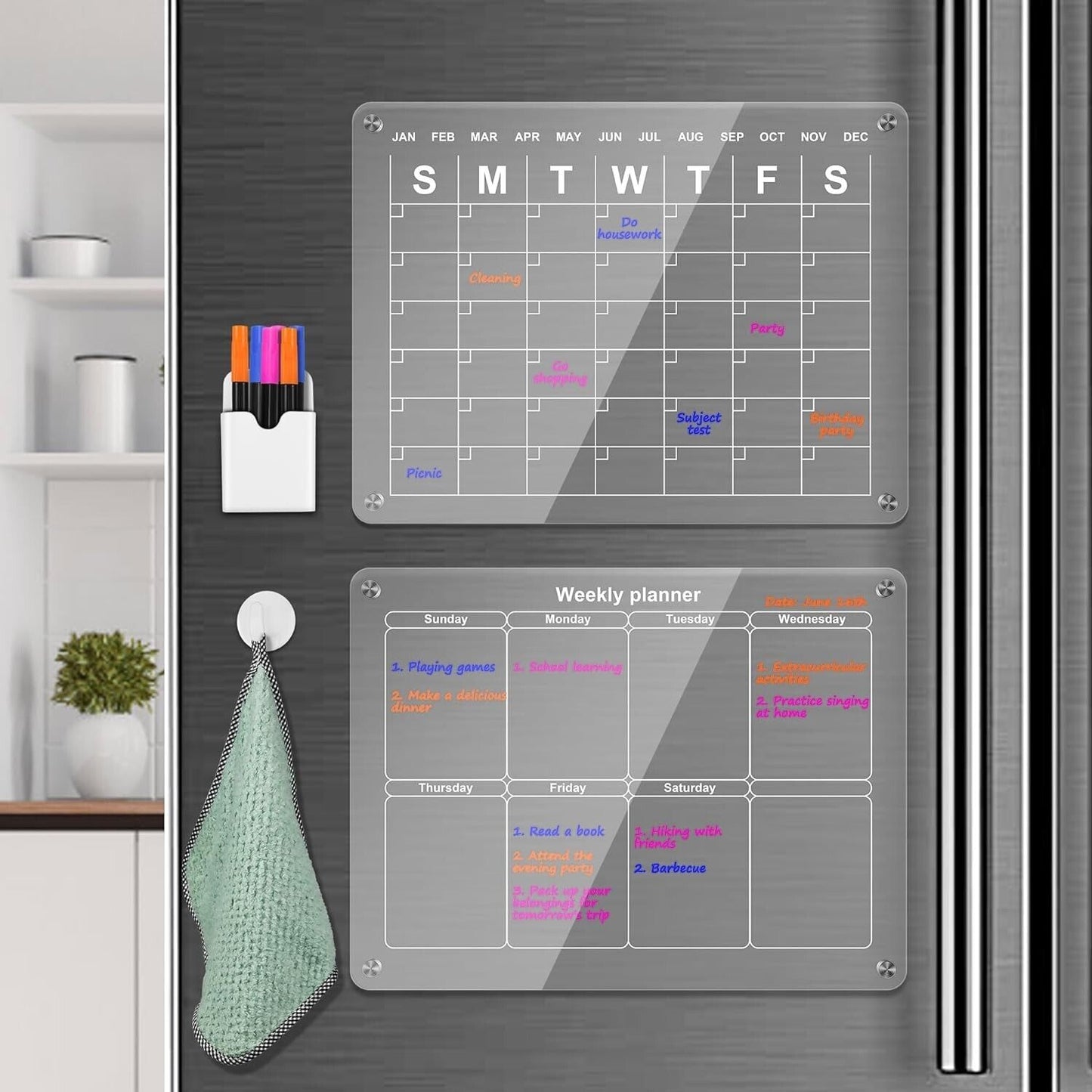 Magnetic Transparent Board Calendar for Fridge 3 Color Pen 6 Dry Erase