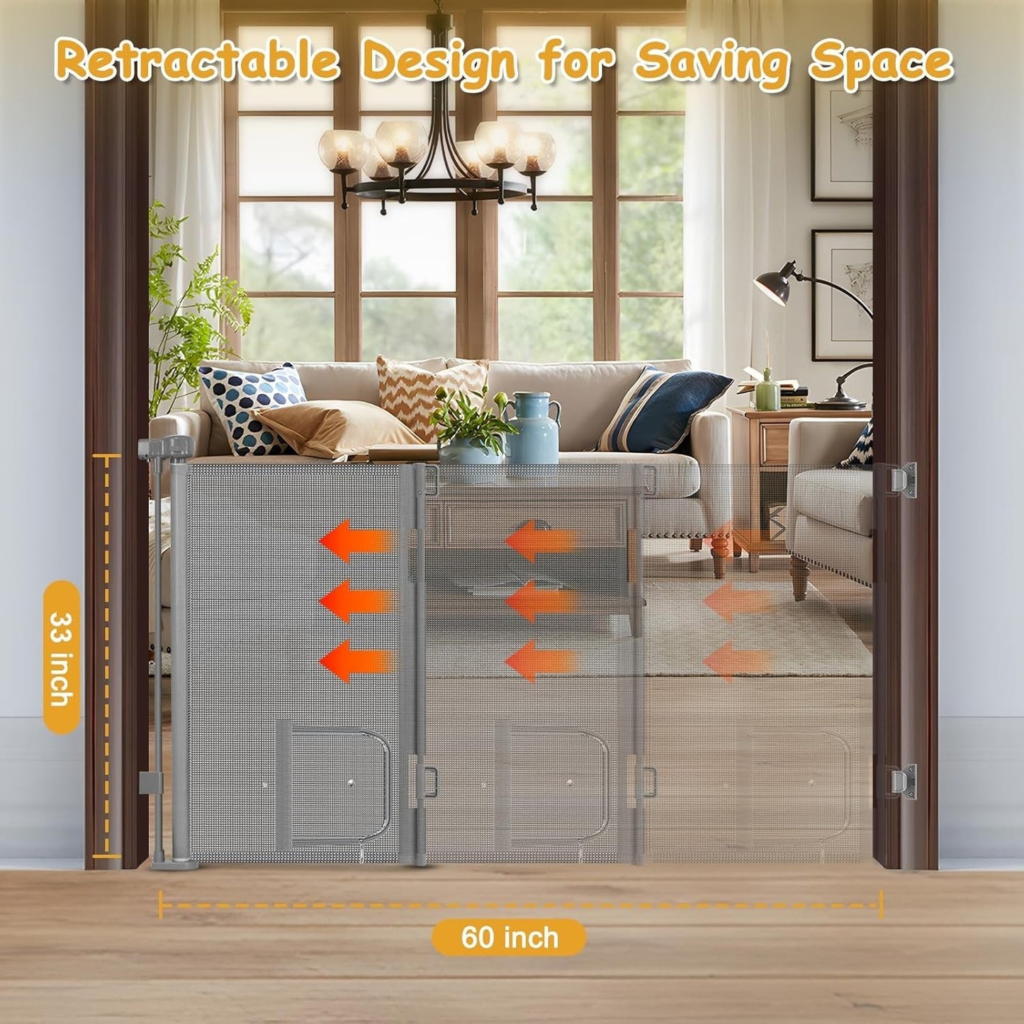 Retractable Baby Gate 33" Tall with Cat Door Extra Wide Mesh Dog Gate for Stairs