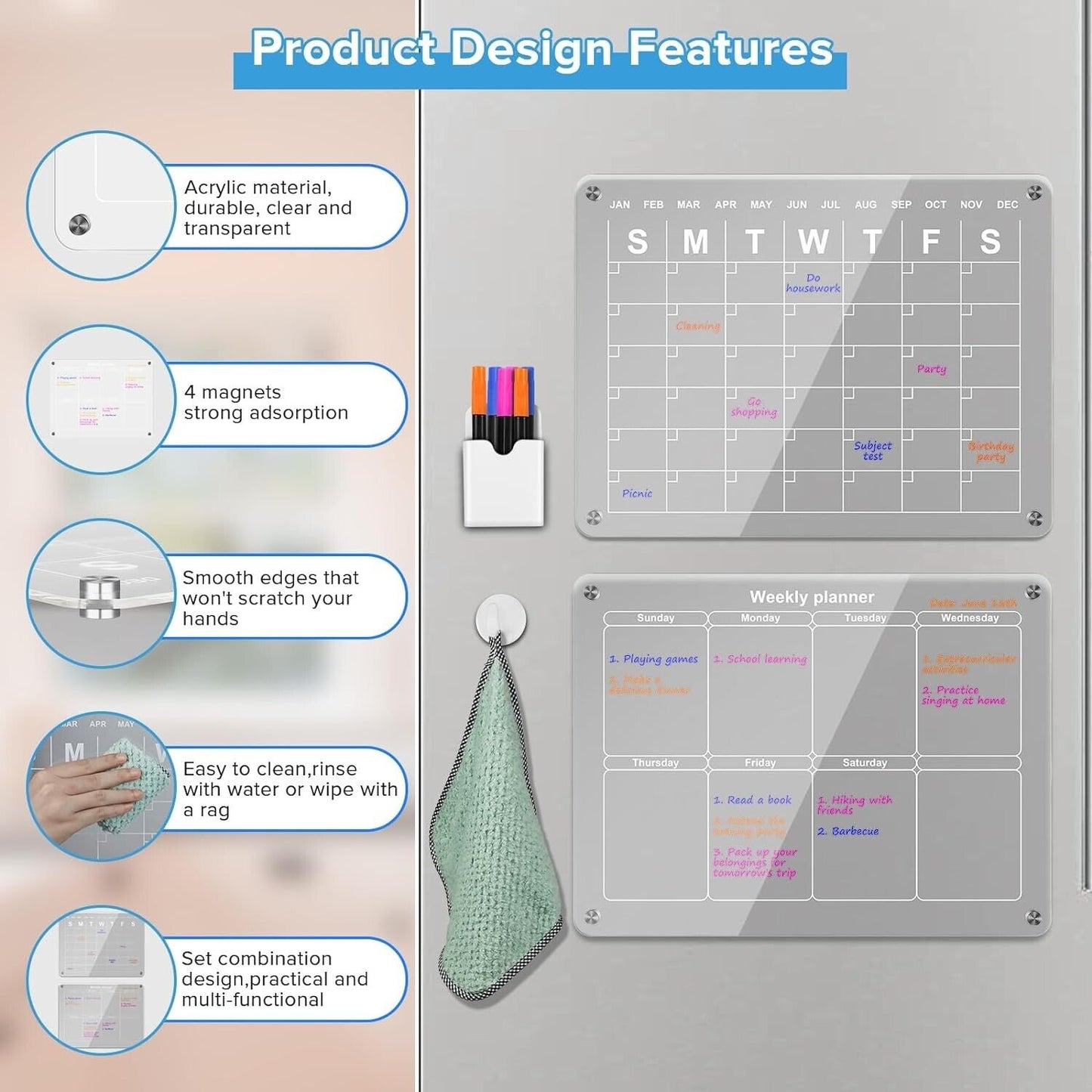 Magnetic Transparent Board Calendar for Fridge 3 Color Pen 6 Dry Erase
