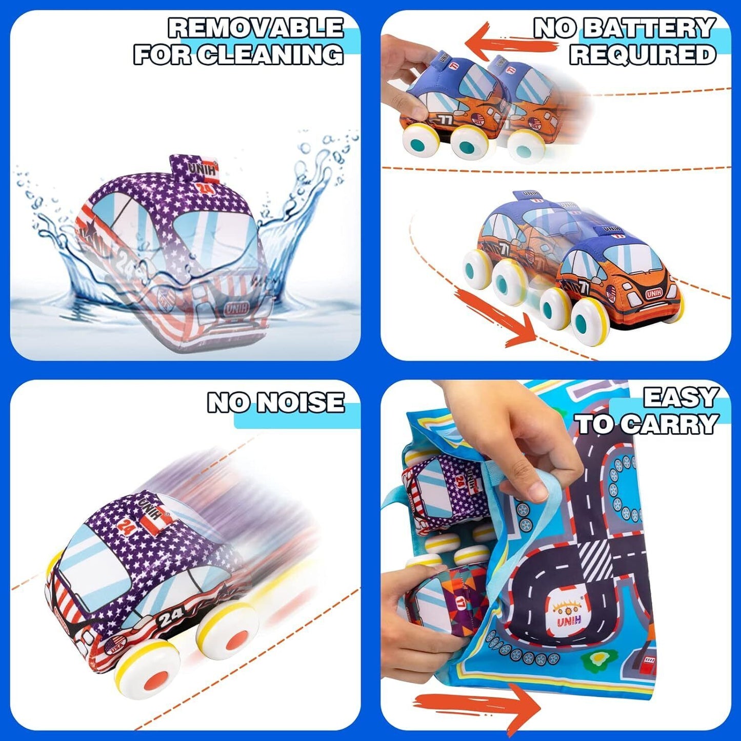 Soft Pull Back Car Toy Set for Toddlers 1-4 - Safe, Quiet, Portable Playset