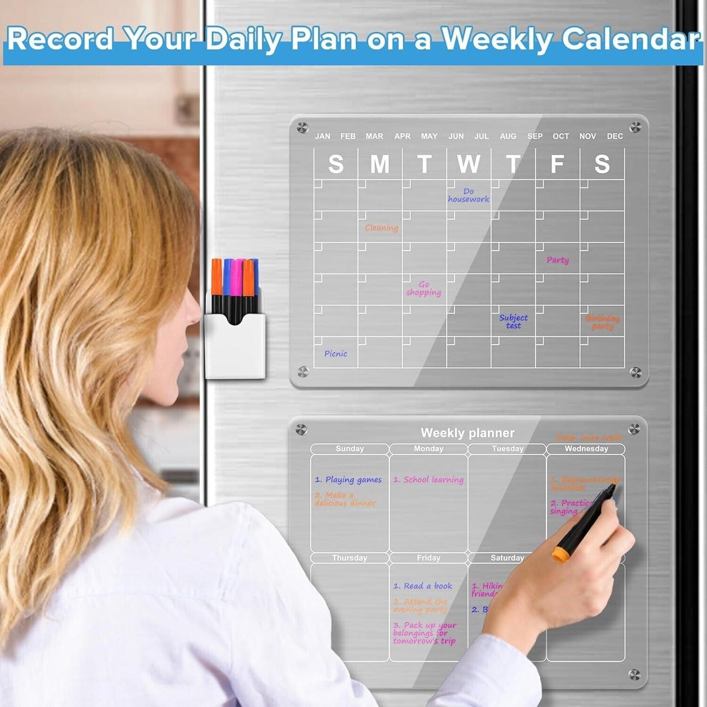 Magnetic Transparent Board Calendar for Fridge 3 Color Pen 6 Dry Erase
