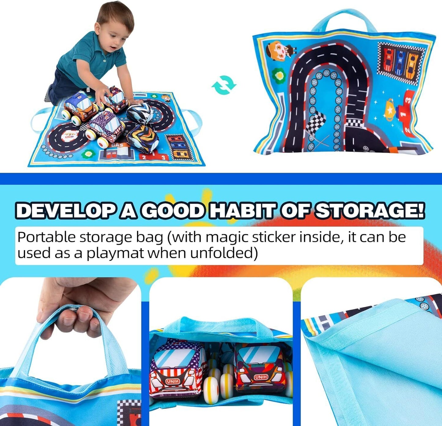 Soft Pull Back Car Toy Set for Toddlers 1-4 - Safe, Quiet, Portable Playset