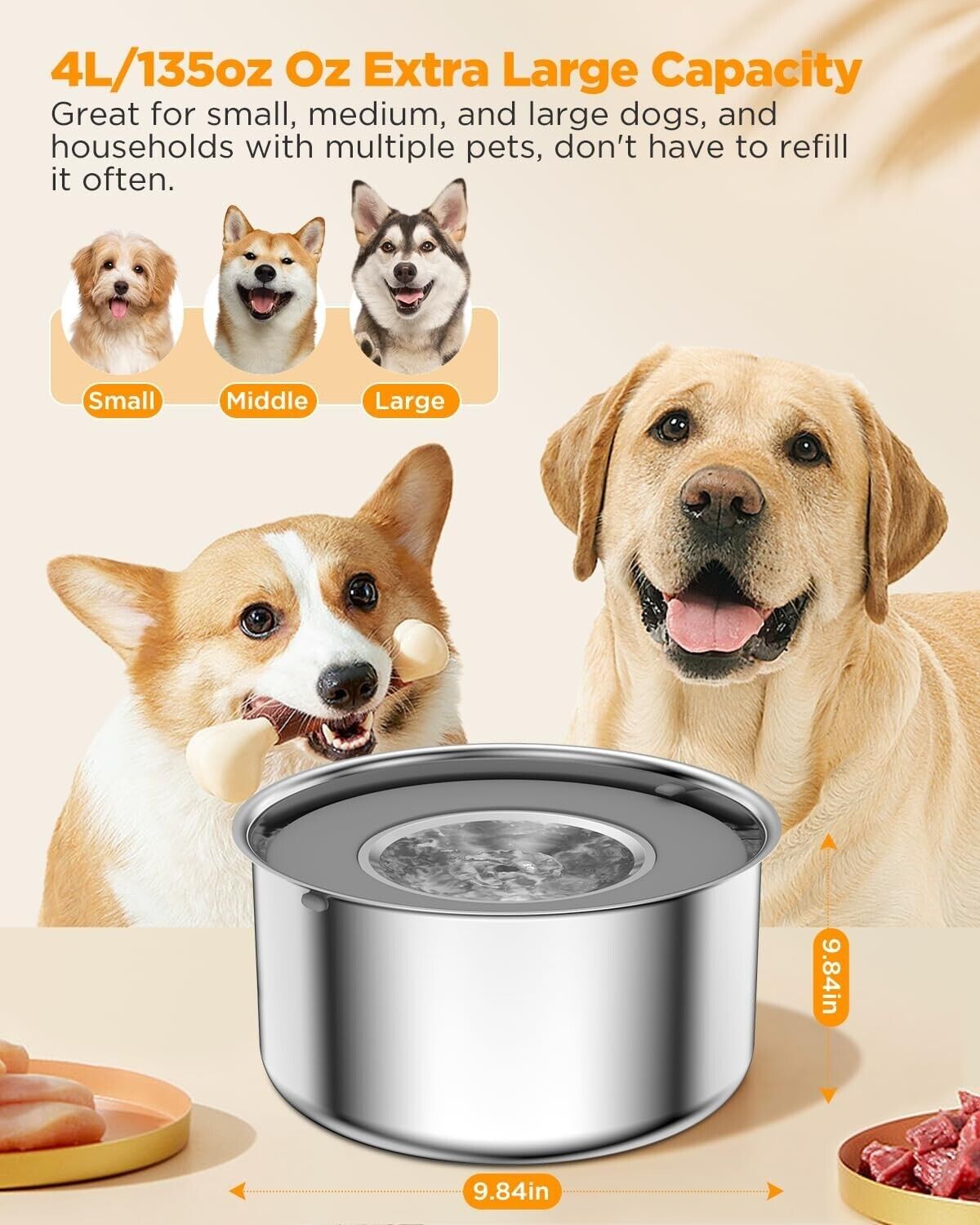 Large Capacity Stainless Steel Dog Water Bowl 4L/135oz with Floating Disk
