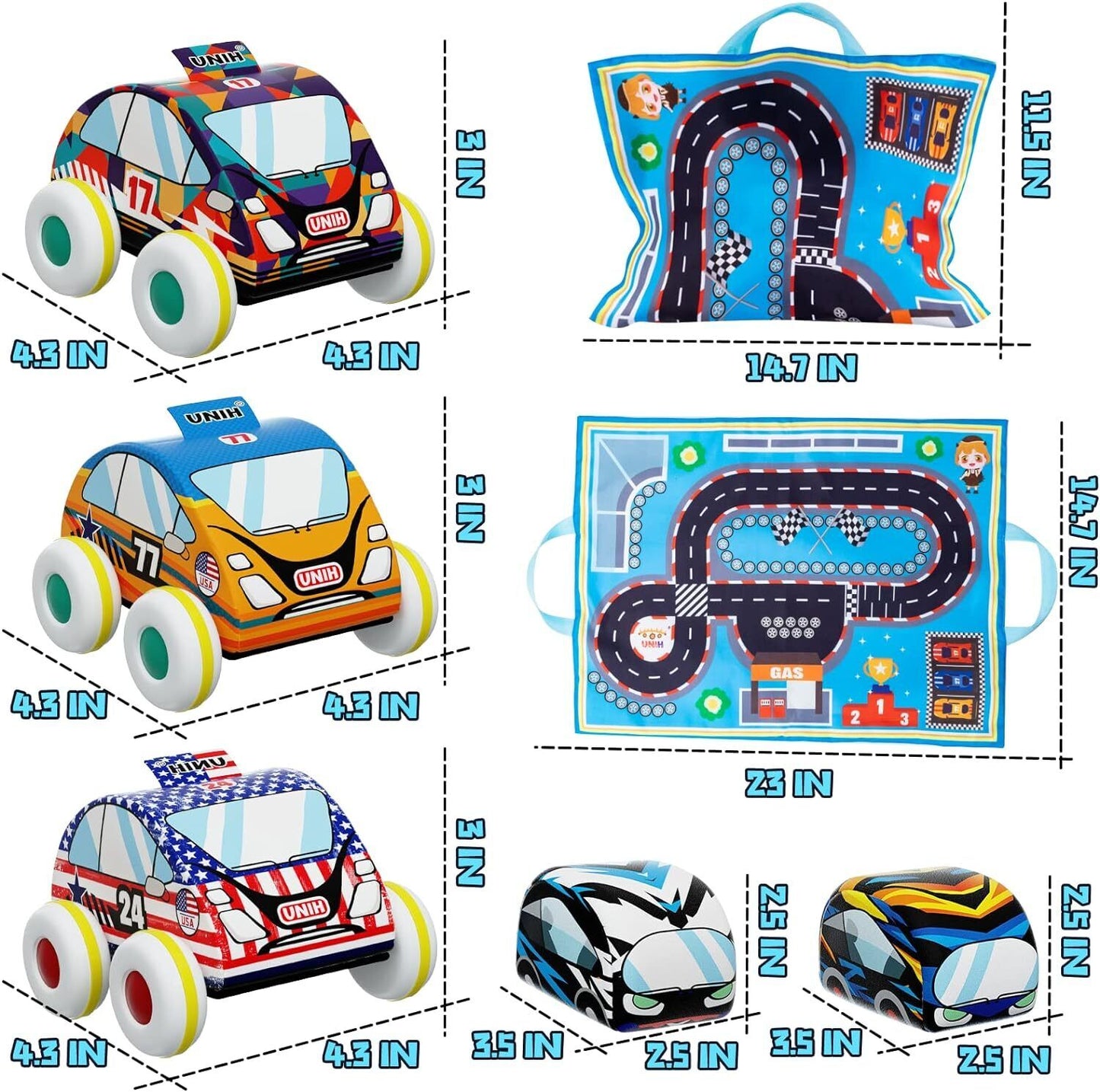 Soft Pull Back Car Toy Set for Toddlers 1-4 - Safe, Quiet, Portable Playset