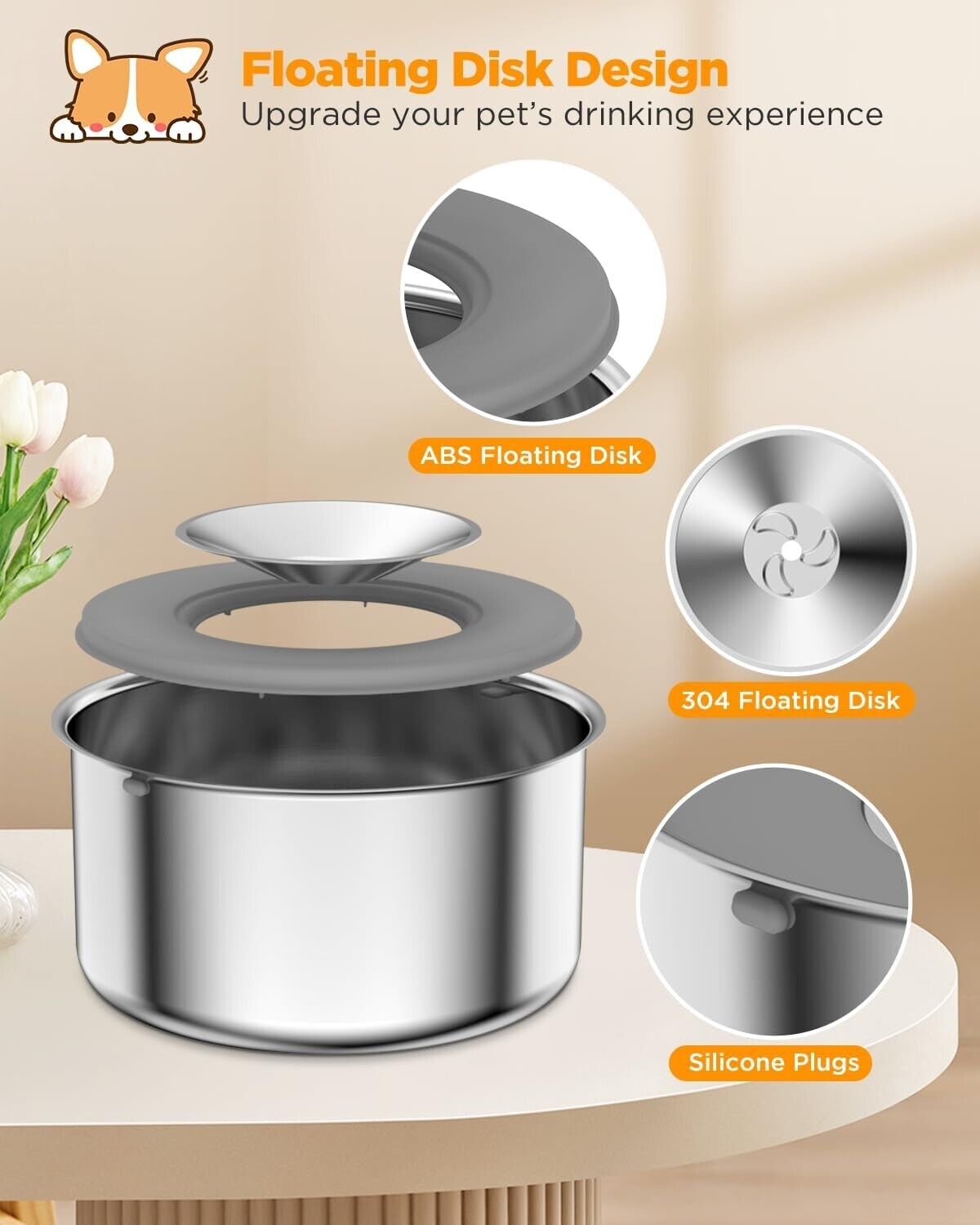 Large Capacity Stainless Steel Dog Water Bowl 4L/135oz with Floating Disk