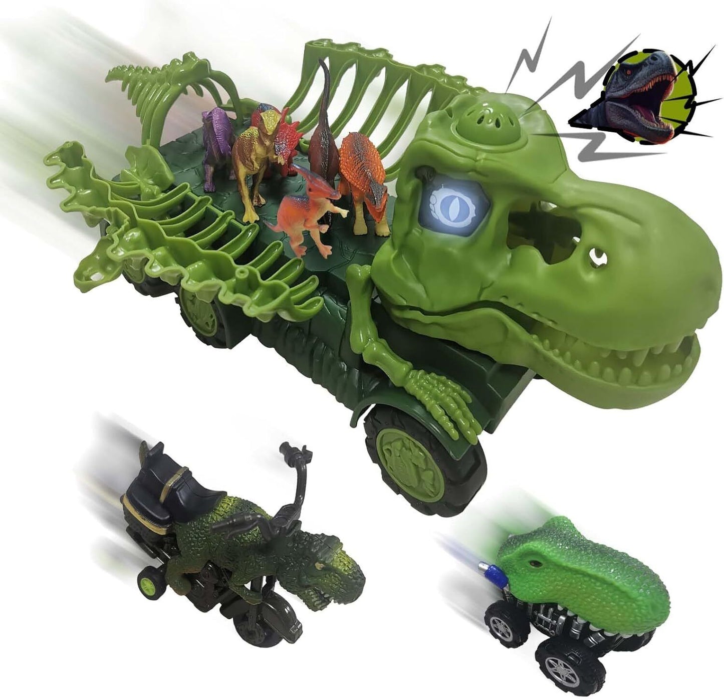 Dinosaur Truck Toy Set - 9 Pieces of Fossil Skeleton, Pull-back Cars and Dino Fi