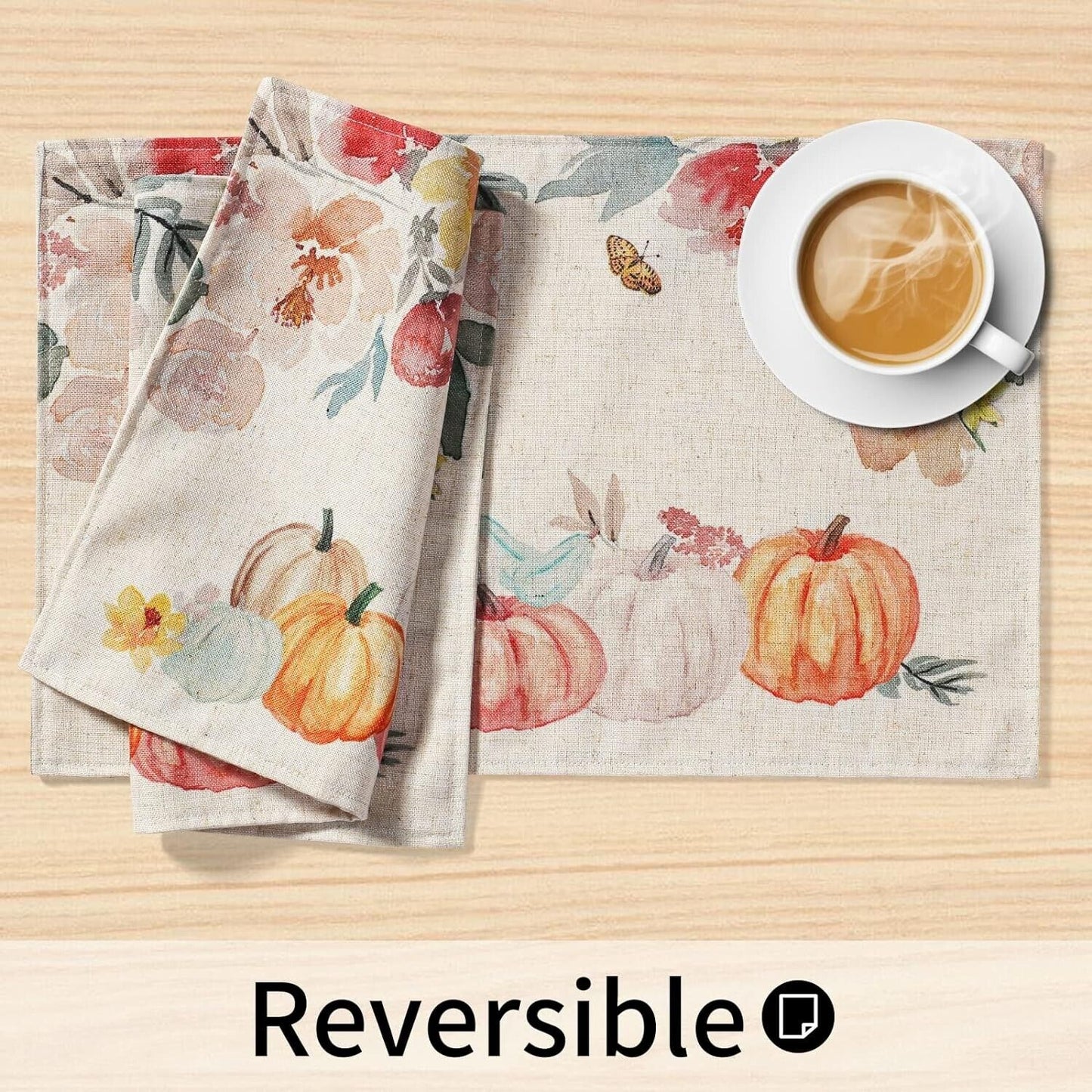 Farmhouse Reversible Placemats Set of 4 Yellow Linen Polyester 12x18 inch