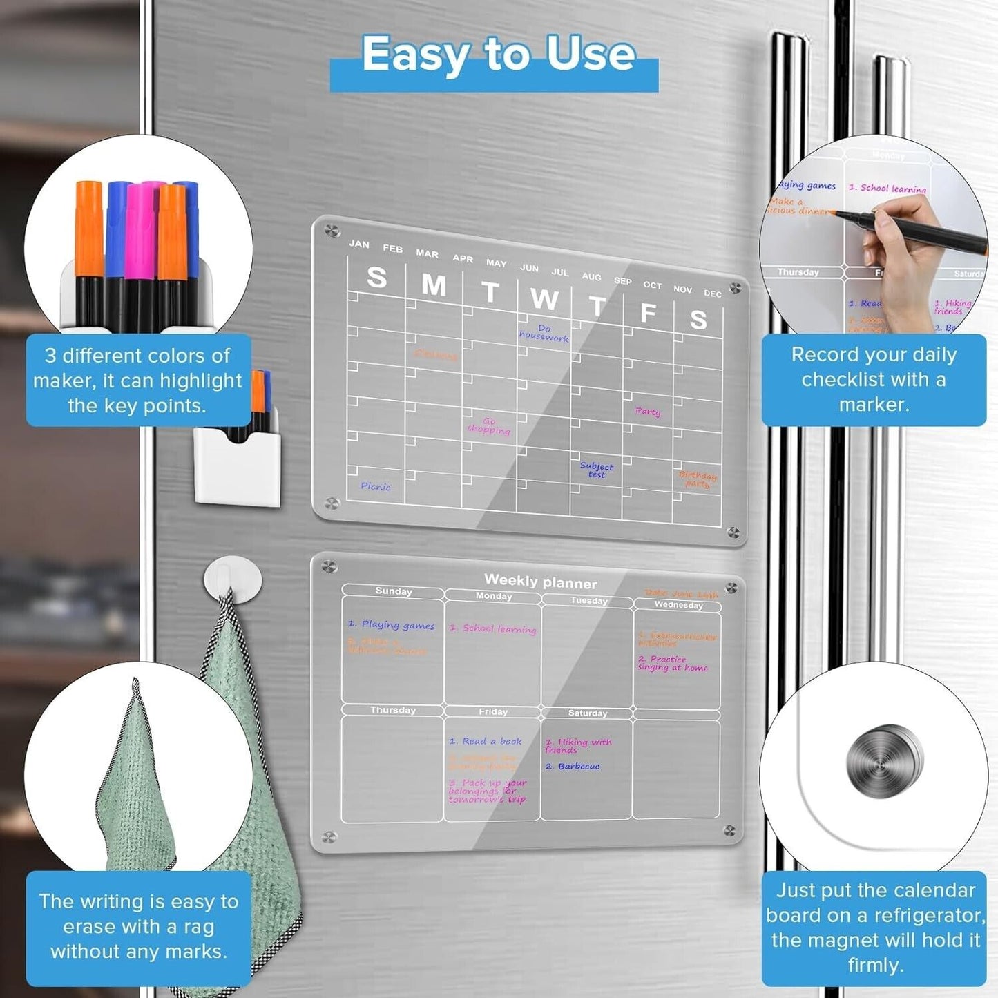 Magnetic Transparent Board Calendar for Fridge 3 Color Pen 6 Dry Erase