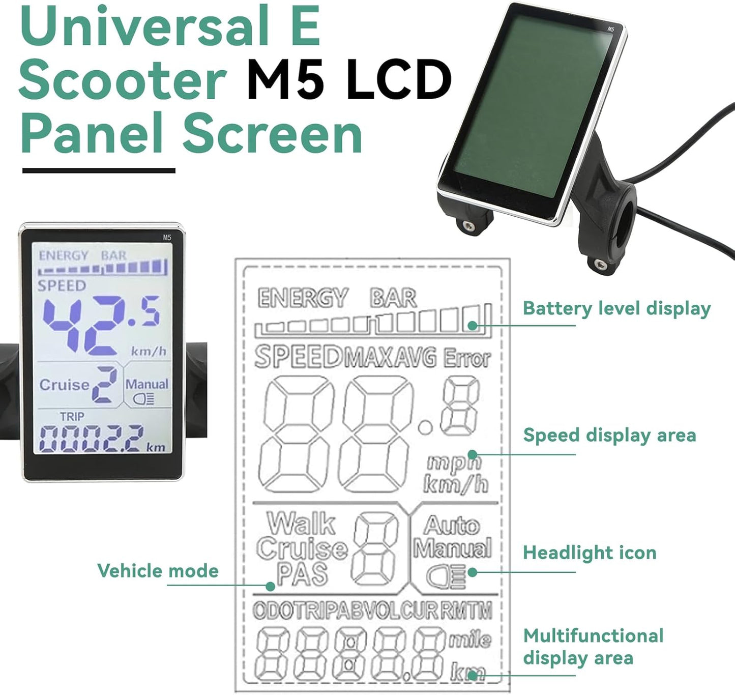 Electric Bicycle LCD Display 24V 36V 48V 60V E Scooter M5 Meter Waterproof 5 Pin
