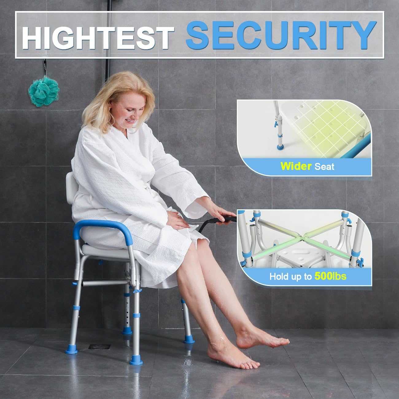 500lb Heavy Duty Shower Chair with Arms Waterproof Adjustable Bath Stool for Seniors NA225-004