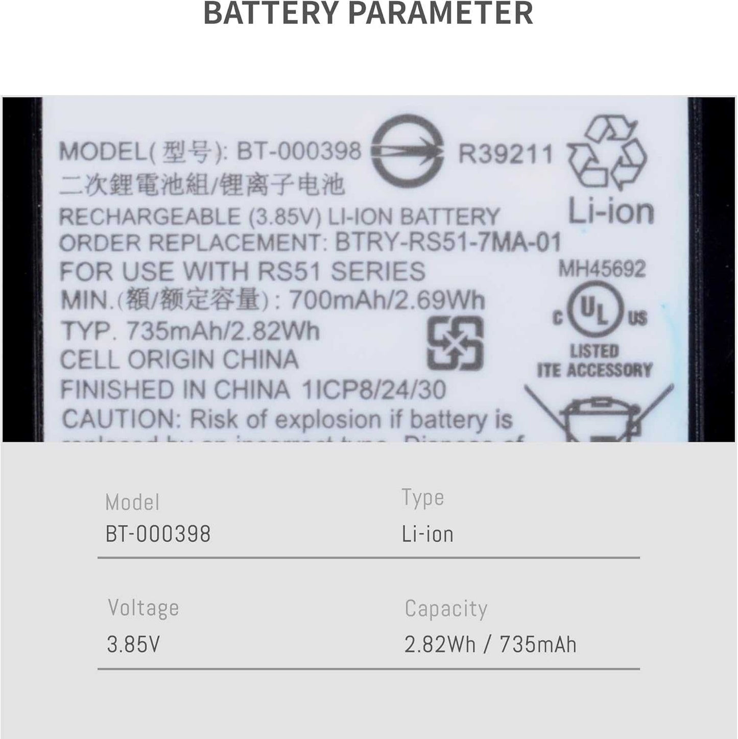 BT000398 Replacement Battery for Zebra RS51 RS5100 2D Bluetooth Ring Scanner 385V 282WH 735MAH NA260-003
