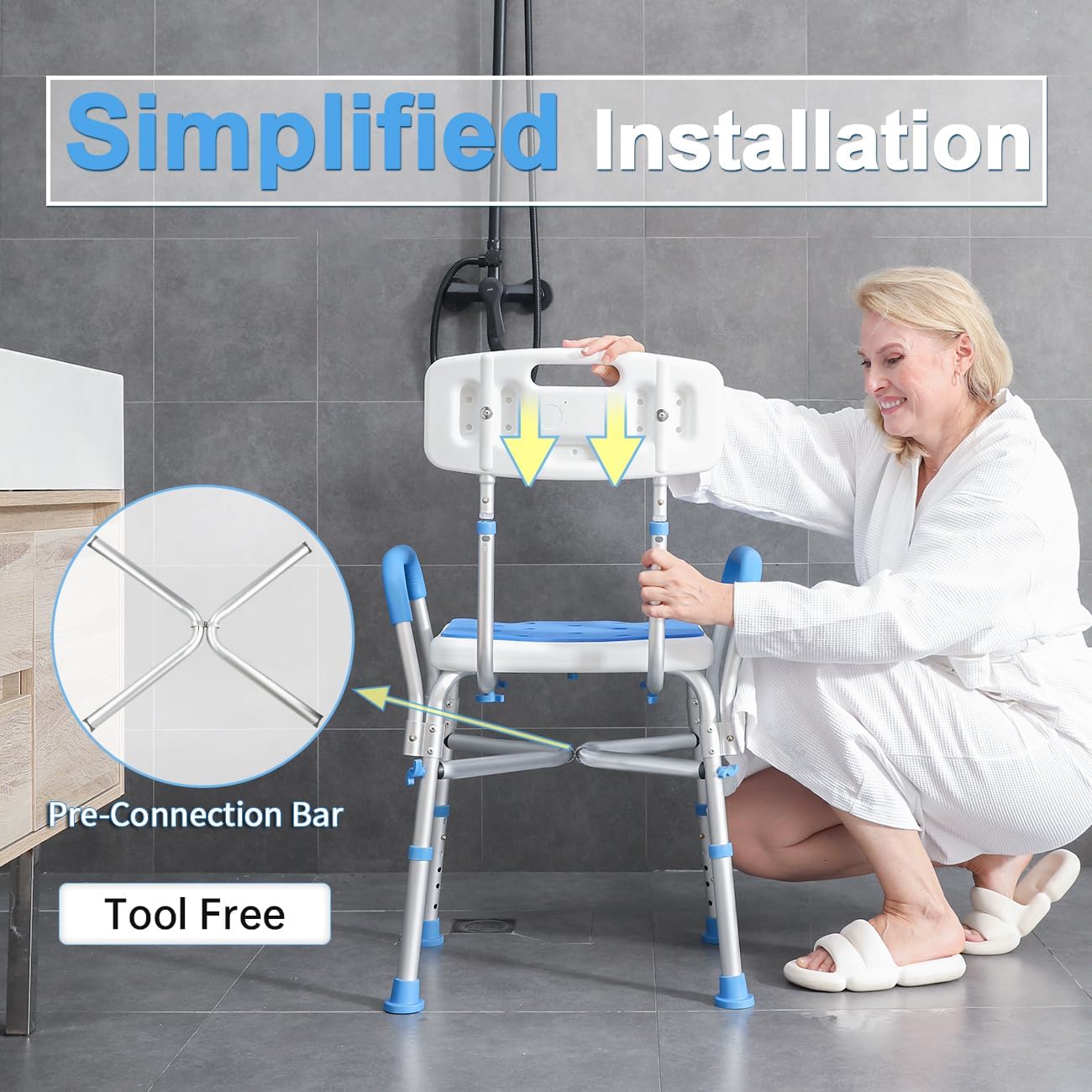 500lb Heavy Duty Shower Chair with Arms Waterproof Adjustable Bath Stool for Seniors