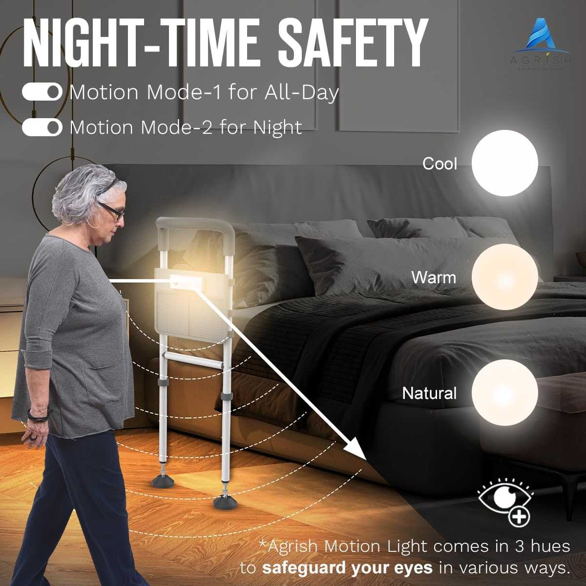 Agrish Bed Rails for Elderly Adults Safety with Motion Light & Storage Pouch NA257-003