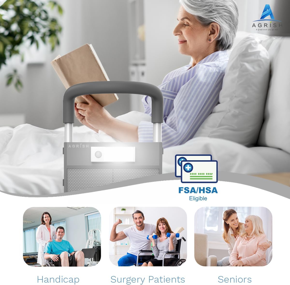 Agrish Bed Rails for Elderly Adults Safety with Motion Light & Storage Pouch