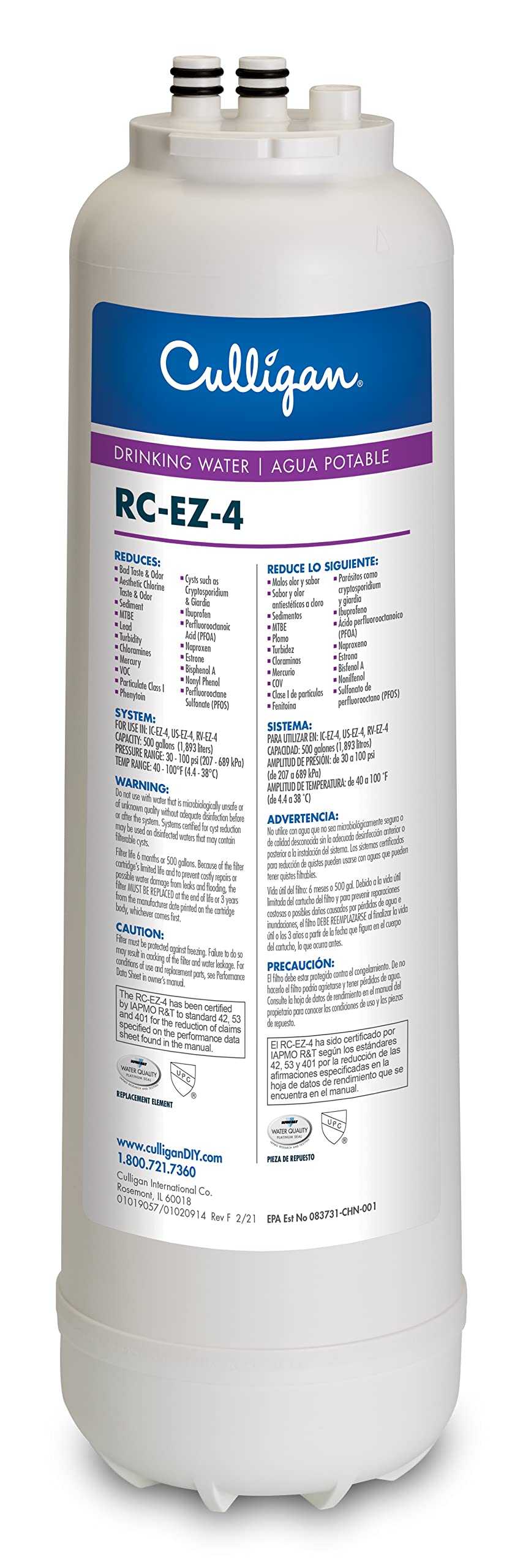 Culligan RC Change Premium Water Filtration Replacement Cartridge 500 Gallons EZ-4 White NA245-005