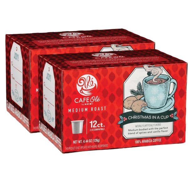 HEB Christmas in a Cup Medium-Dark Roast Coffee Pods, 12 Count, Spicy & Sweet, Compatible with 2.0 Brewers, Coffee Single Serve Cups for Drip Coffee Makers (Pack of 2)