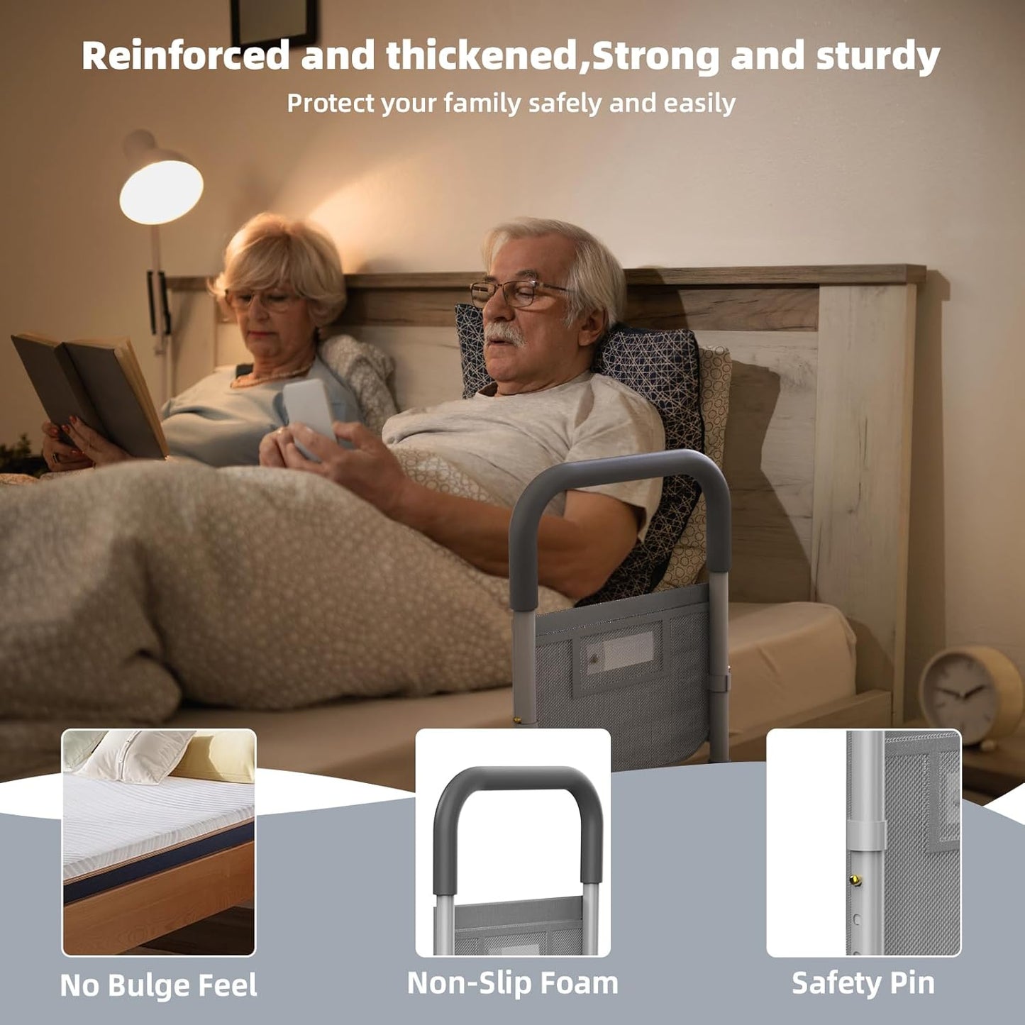 Bed Rails for Elderly Adults Safety with Motion Sensor Light & Storage Bag Adjustable Support Bar for King Queen Full Twin Beds