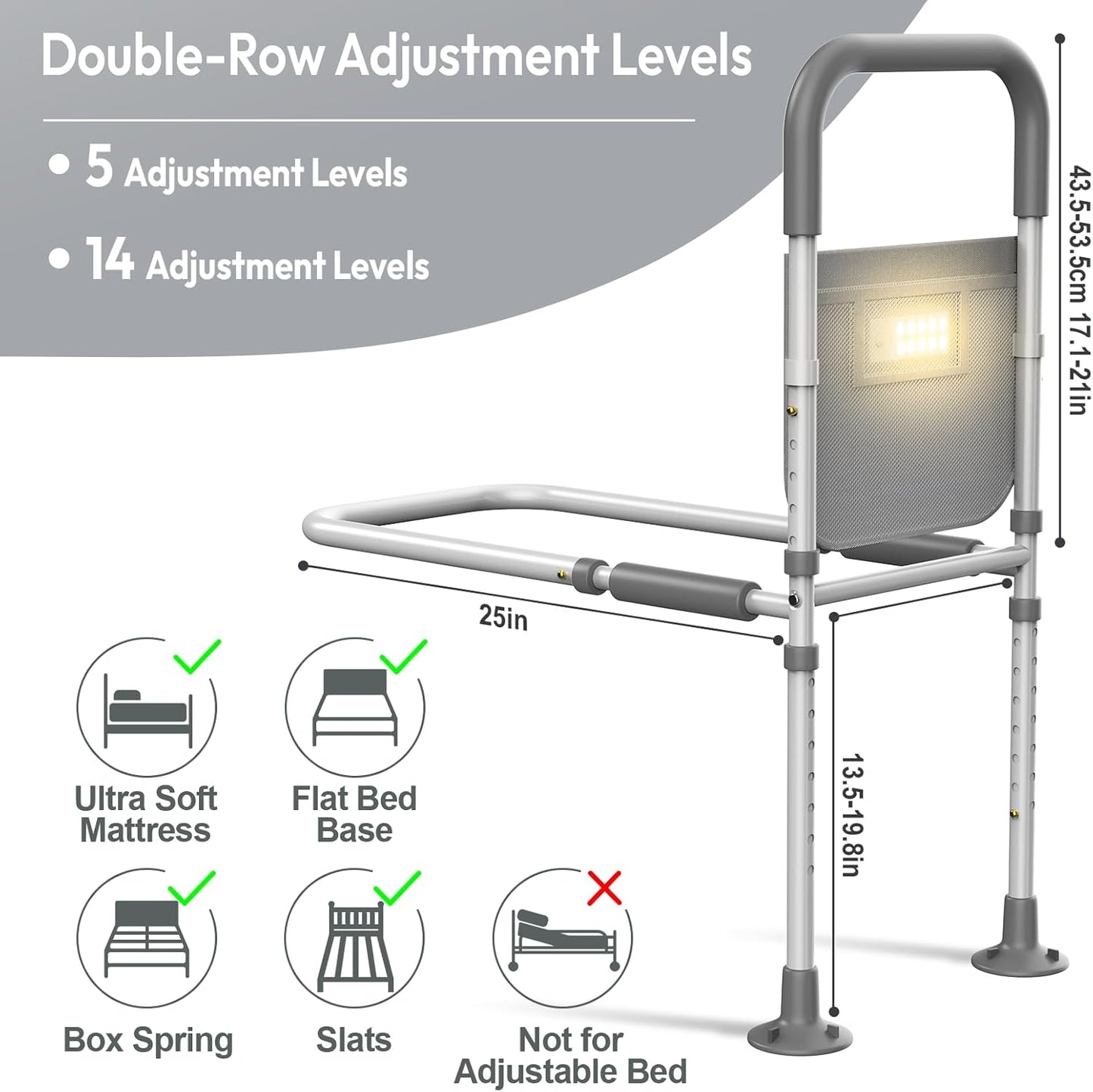 Bed Rails for Elderly Adults Safety with Motion Sensor Light & Storage Bag Adjustable Support Bar for King Queen Full Twin Beds