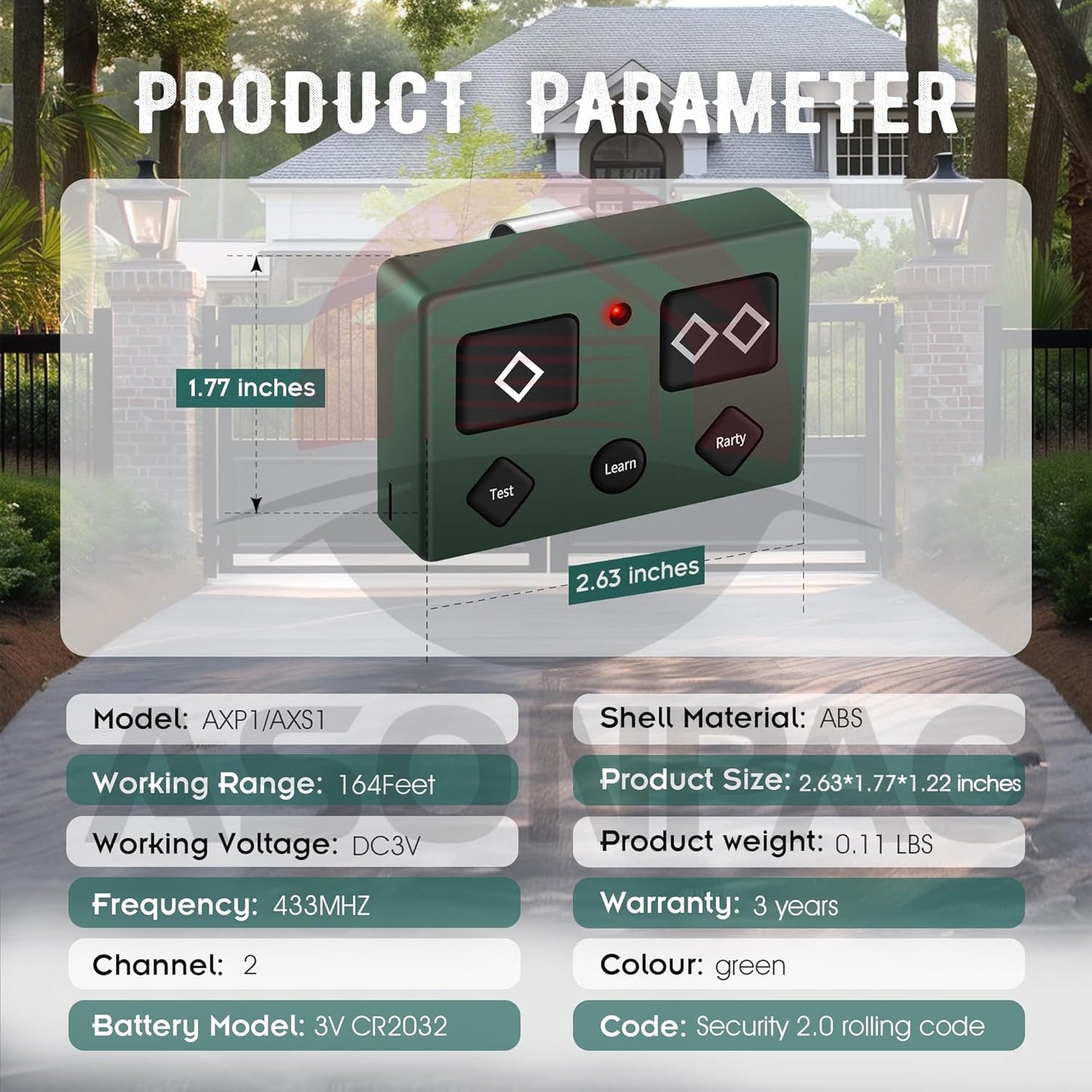 AXP1 AXS1 Premium Remote Control 5-Button Partymode Automatic Gate Opener 1Pack 3-Year Warranty