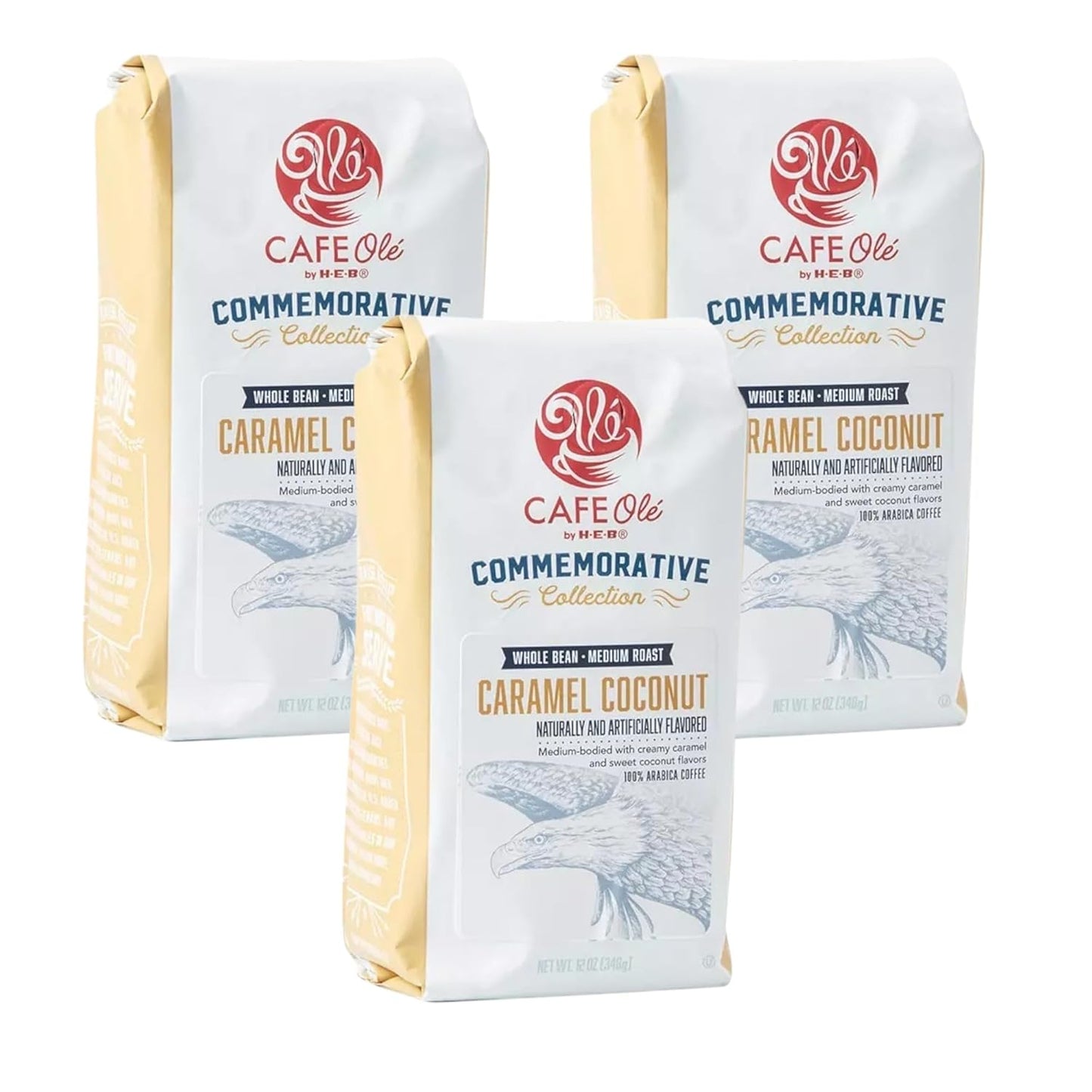 HEB Cafe Ole Caramel Coconut Commemorative Collection Whole Bean Medium Roast 12oz (3 Bags)