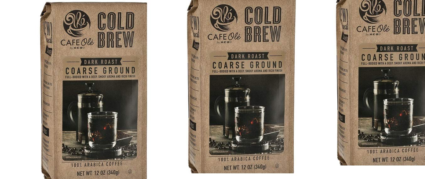Cafe Ole by H?E?B Cold Brew Dark Roast Coarse Ground Coffee 12 Oz(Pack of 3)