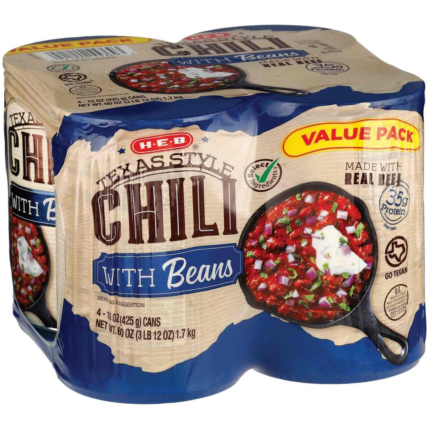 H-E-B Canned Chili with Beans, Texas Style, 4 Count, Non-Vegetarian