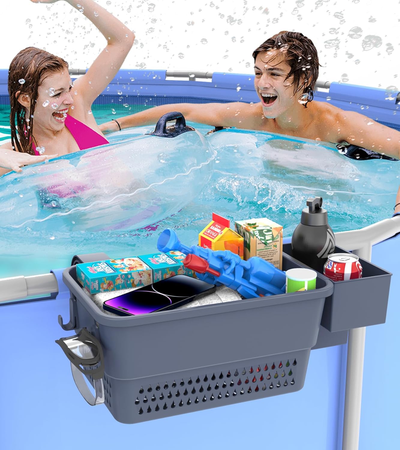 SplashBin: 2-Set Grey Poolside Basket & Cup Holder