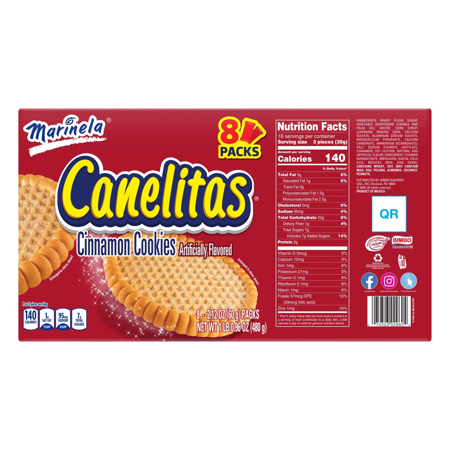 Marinela Canelitas Crispy Cinnamon Cookies, 8 packs per box, 16.96 Oz