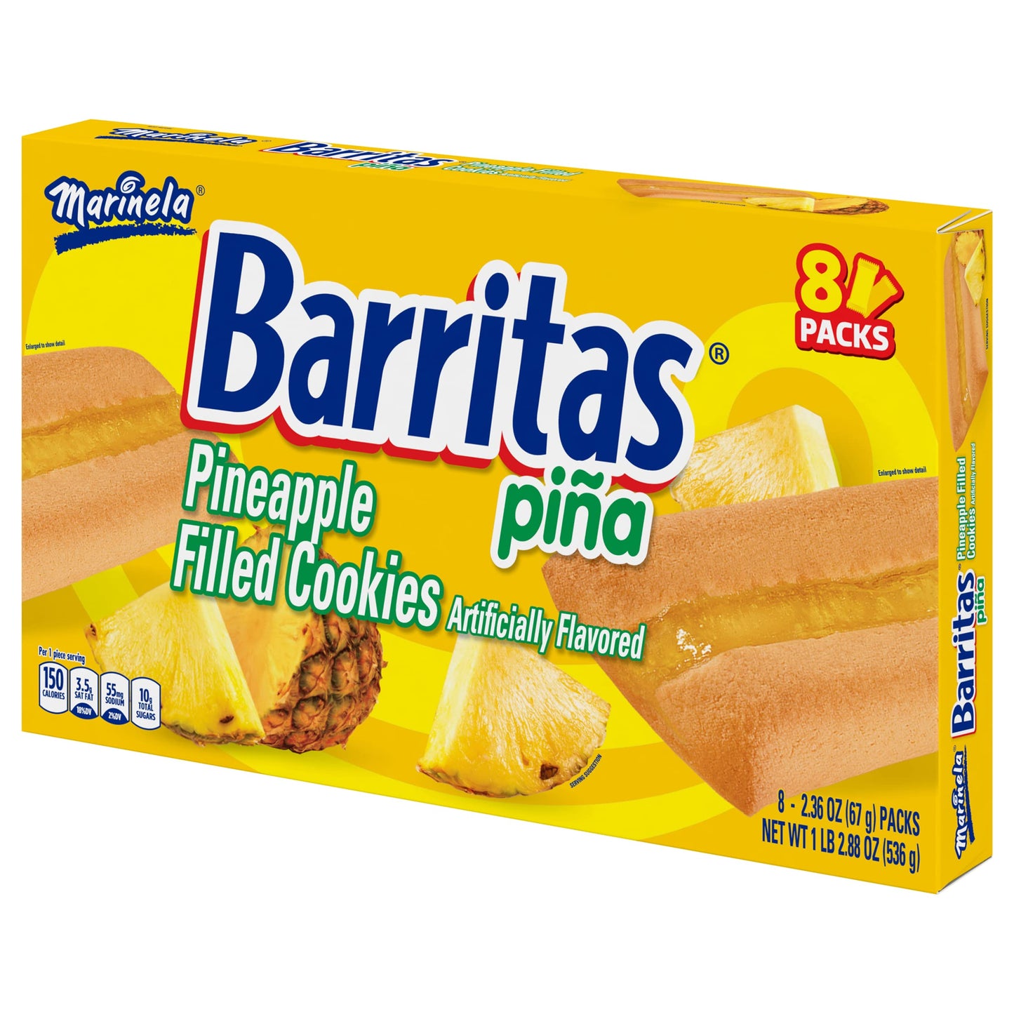 Marinela Barritas Piña Filled Cookies, 8 individual packs, (2.36 oz each), Soft Pineapple Cookie Bars, Artificially Flavored, 18.88 oz Multipack