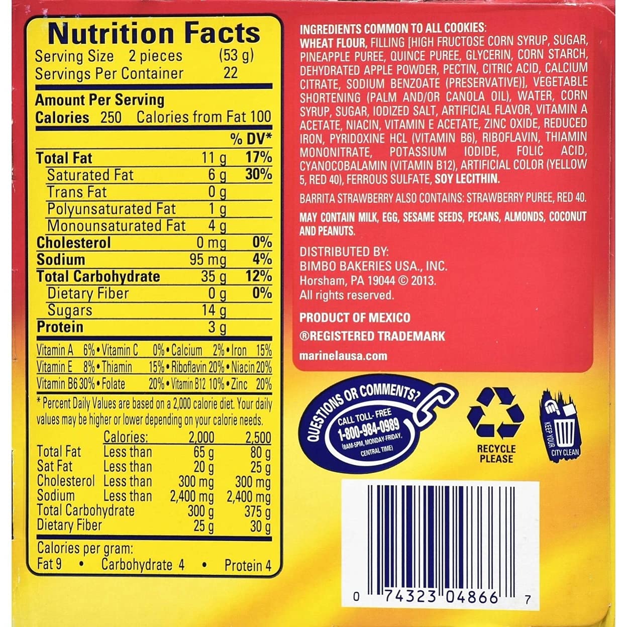 Marinela, Barritas, Pineapple And Strawberry Cookies, 44 Count, 82.28 Ounce