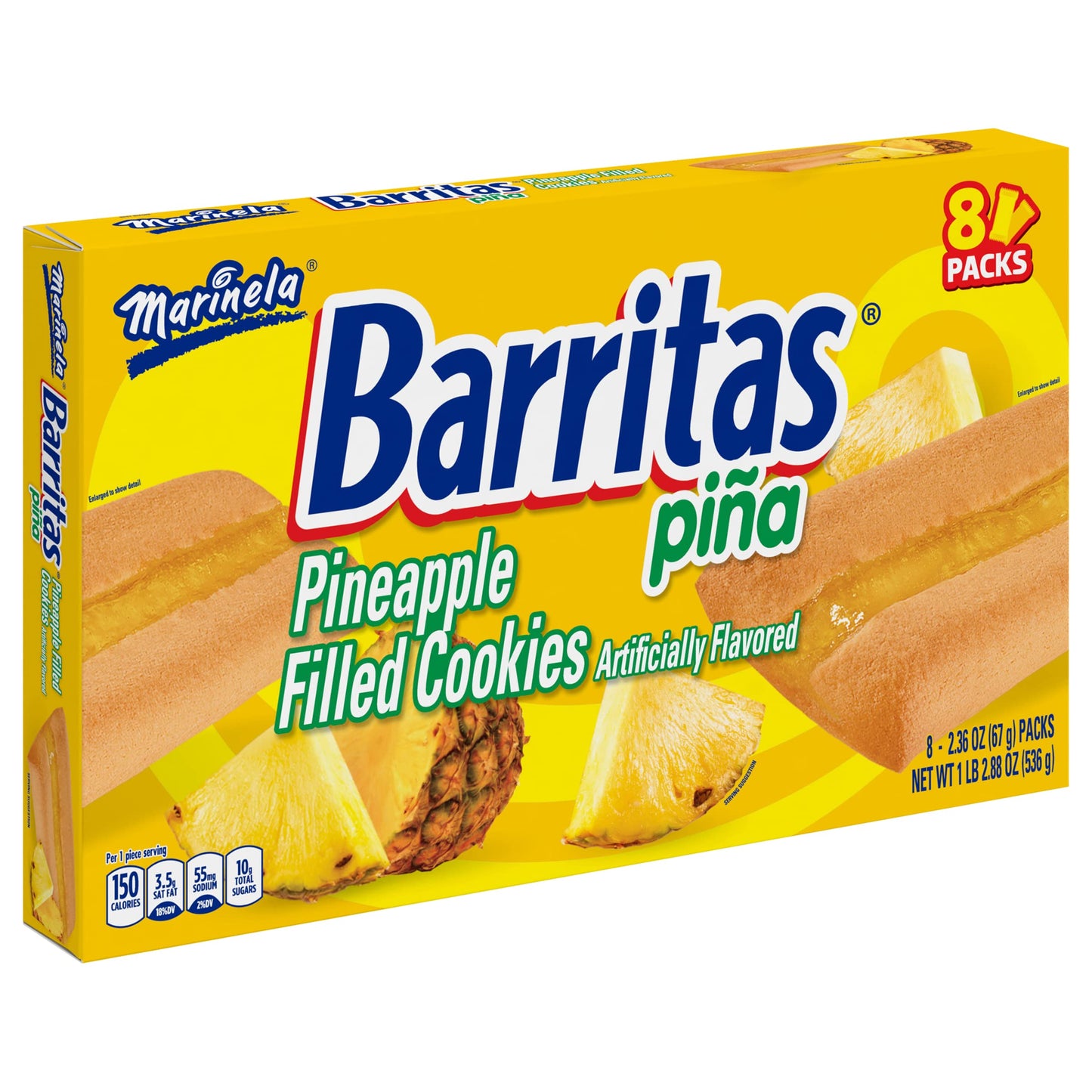 Marinela Barritas Piña Filled Cookies, 8 individual packs, (2.36 oz each), Soft Pineapple Cookie Bars, Artificially Flavored, 18.88 oz Multipack