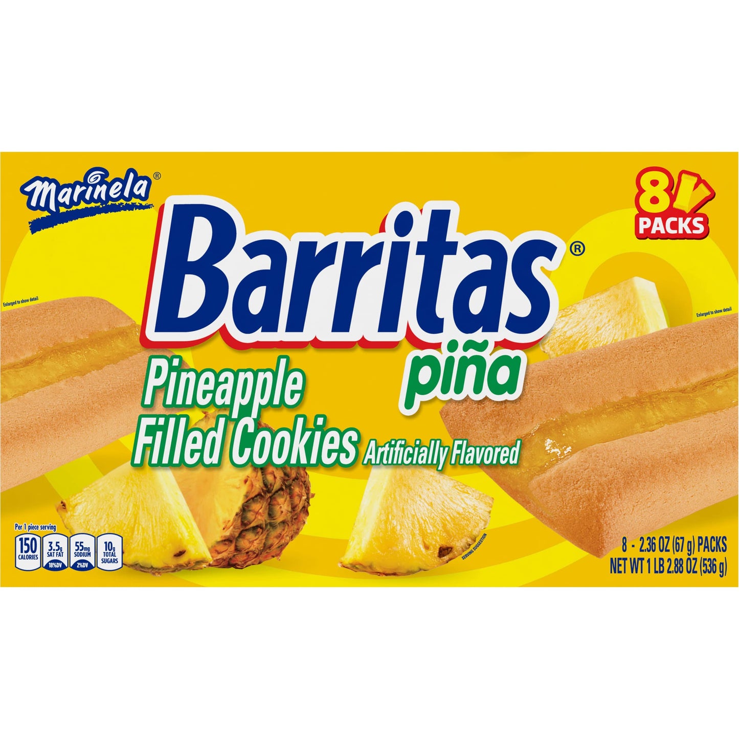 Marinela Barritas Piña Filled Cookies, 8 individual packs, (2.36 oz each), Soft Pineapple Cookie Bars, Artificially Flavored, 18.88 oz Multipack