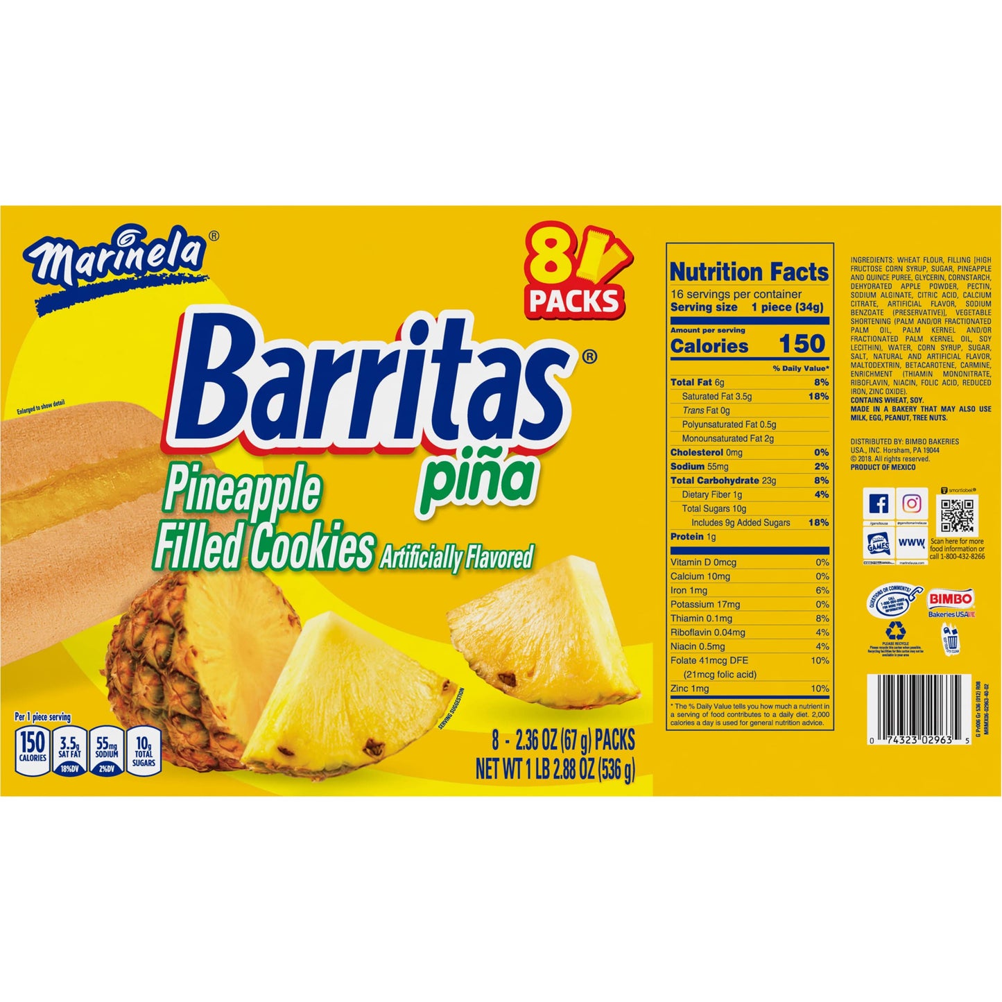 Marinela Barritas Piña Filled Cookies, 8 individual packs, (2.36 oz each), Soft Pineapple Cookie Bars, Artificially Flavored, 18.88 oz Multipack