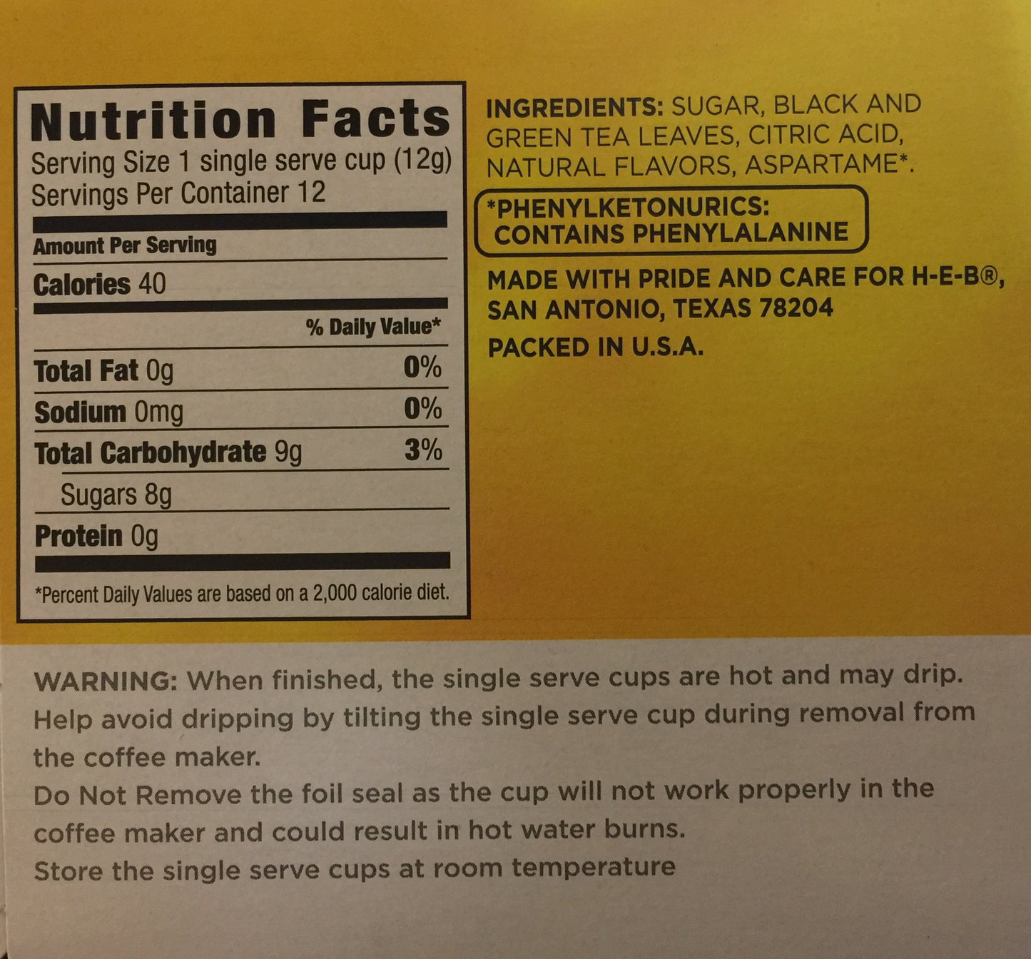 HEB Lemon Iced Tea 12 single cup