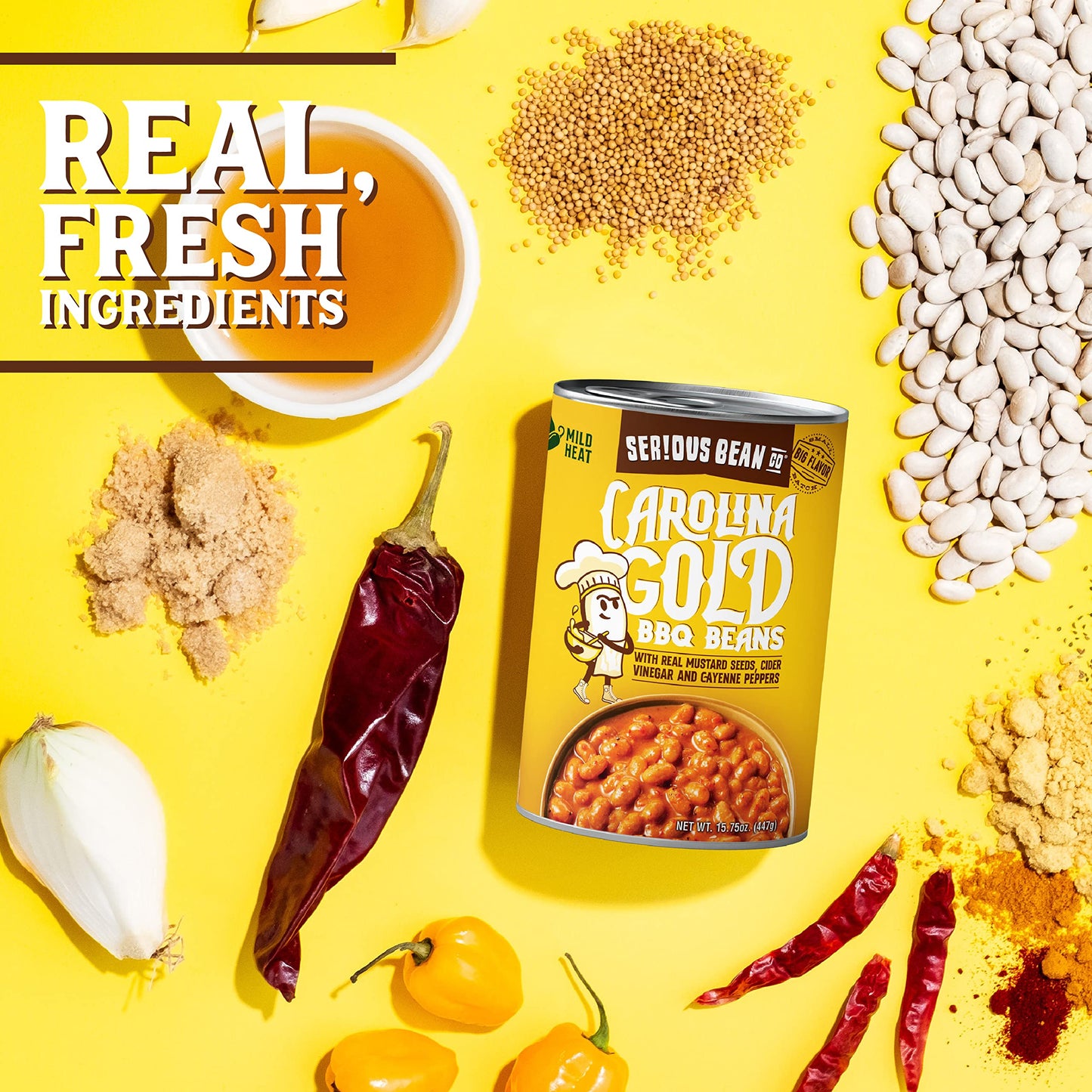SERIOUS Bean Co Carolina Gold BBQ Beans, Fully Cooked, Plant-Based Canned Beans, Vegan Beans, Ready to Serve Beans, 6-Pack of 15.75 Oz. Cans