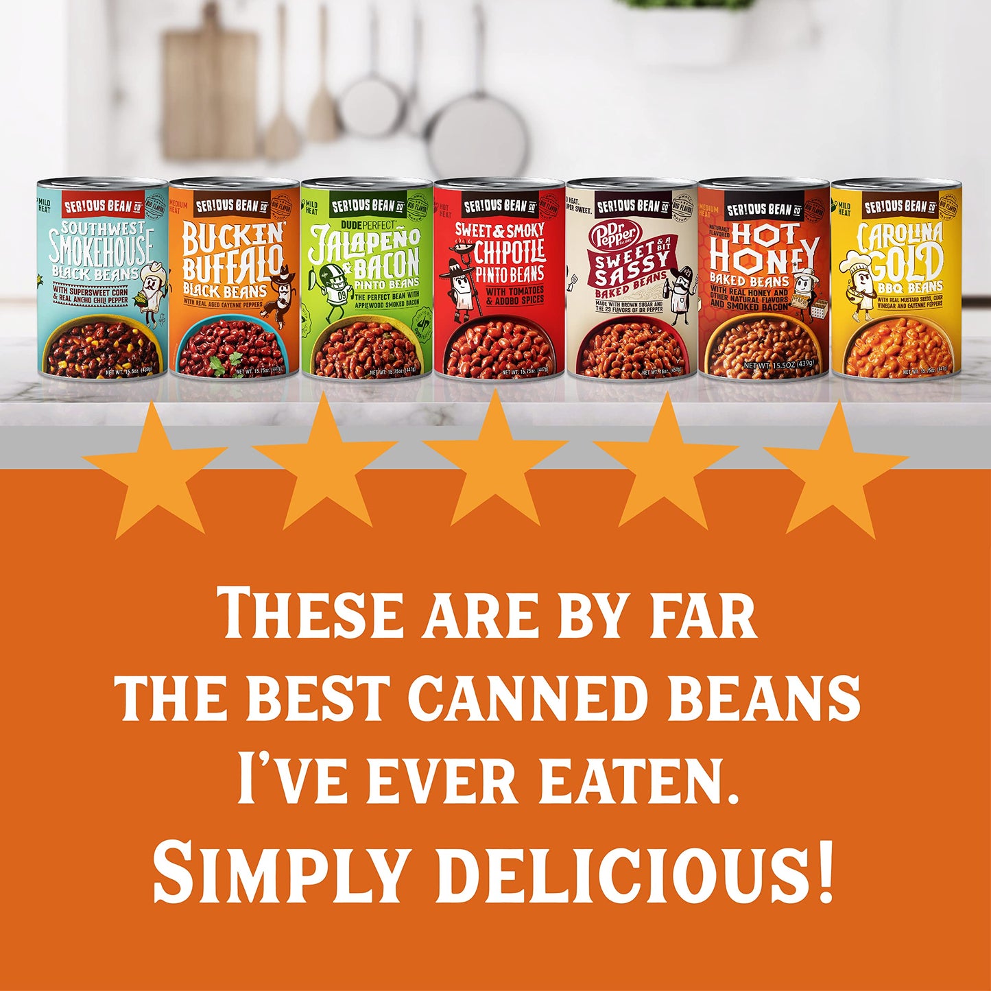 SERIOUS Bean Co Carolina Gold BBQ Beans, Fully Cooked, Plant-Based Canned Beans, Vegan Beans, Ready to Serve Beans, 6-Pack of 15.75 Oz. Cans