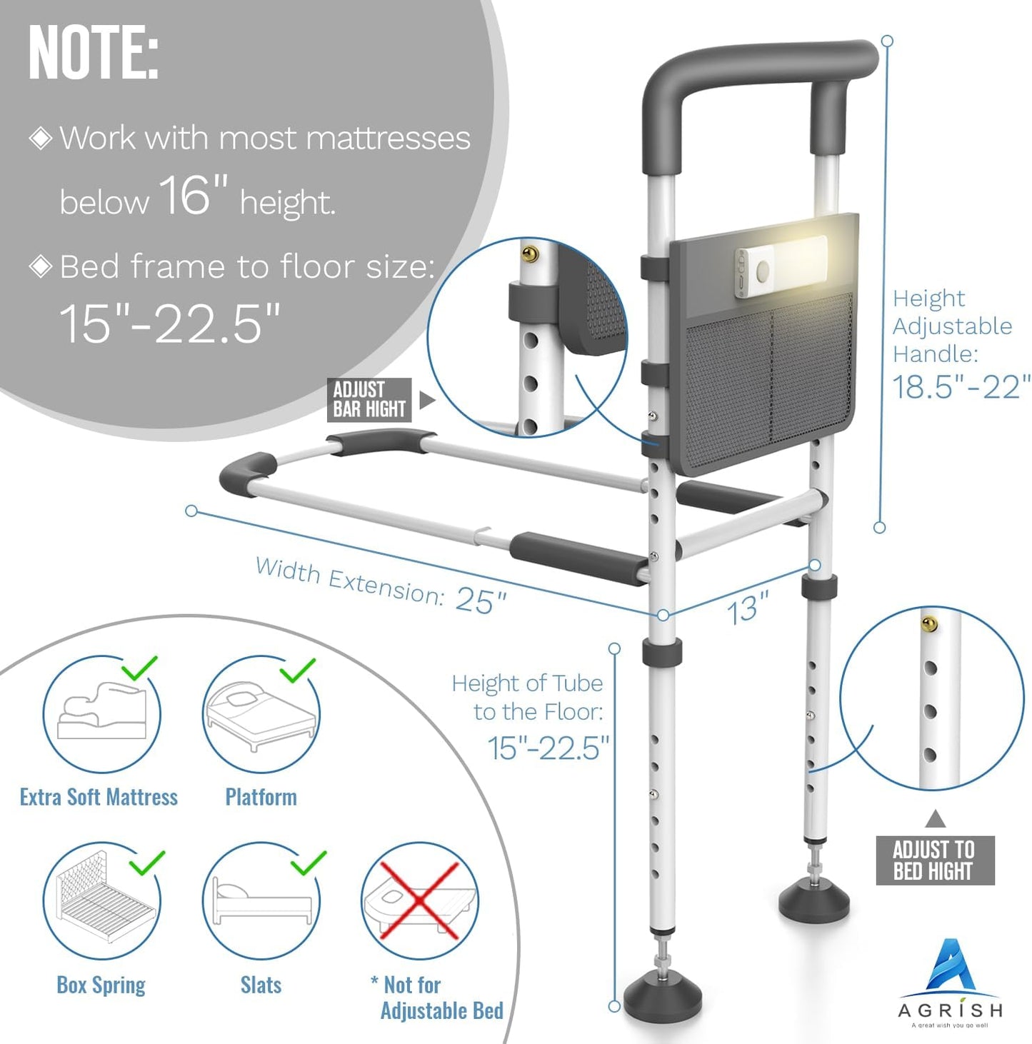 Agrish Bed Rails for Elderly Adults Safety with Motion Light & Storage Pouch