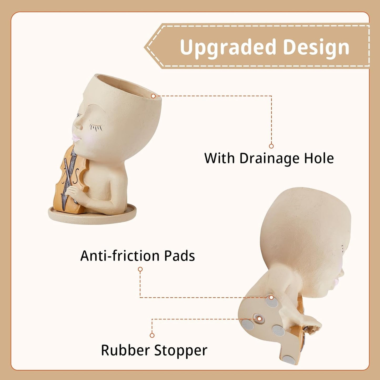 Face Planters Pots Head Planters Cute Resin Violin Girl Succulent Pots Outdoor Indoor