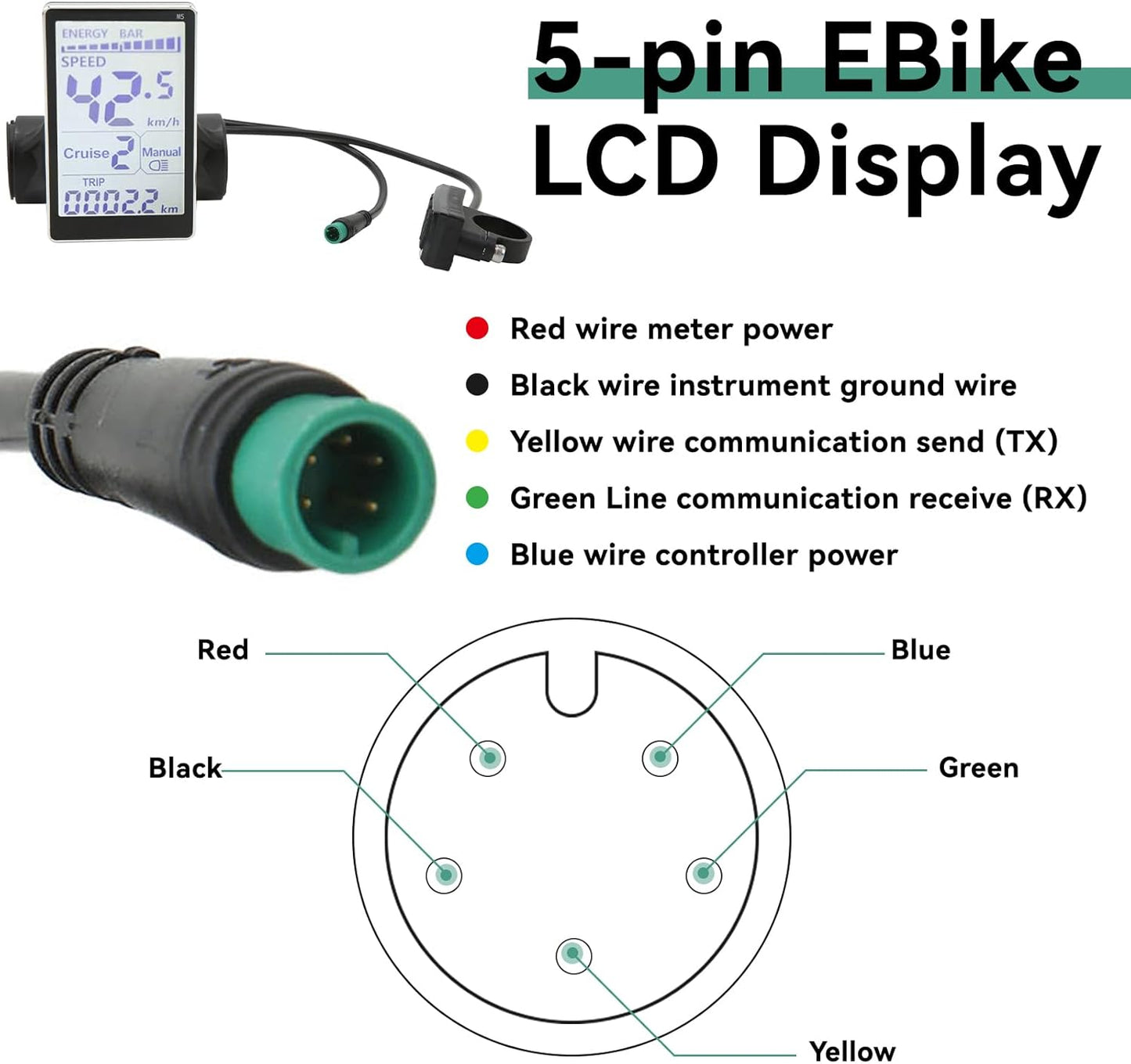 Electric Bicycle LCD Display 24V 36V 48V 60V E Scooter M5 Meter Waterproof 5 Pin