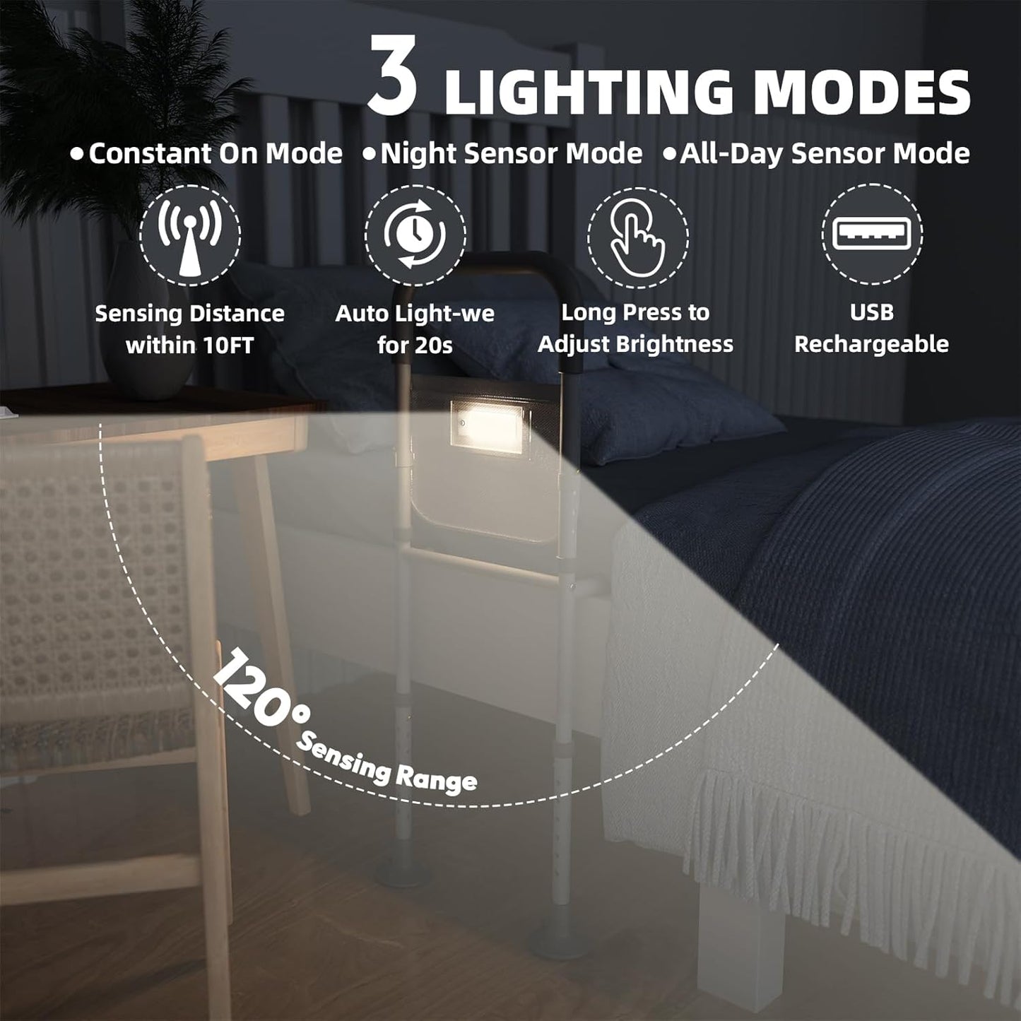 Bed Rails for Elderly Adults Safety with Motion Sensor Light & Storage Bag Adjustable Support Bar for King Queen Full Twin Beds