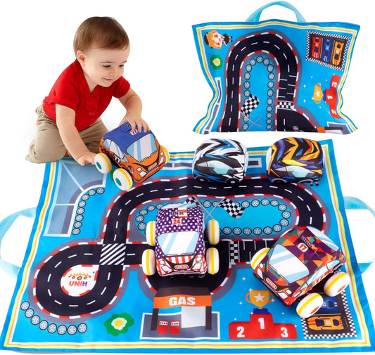 Soft Pull Back Car Toy Set for Toddlers 1-4 - Safe, Quiet, Portable Playset
