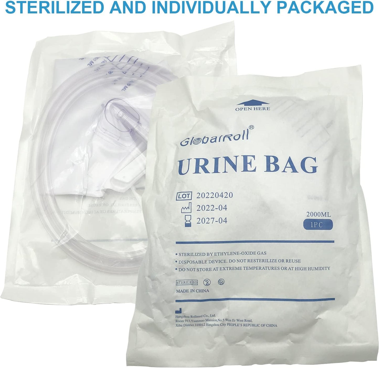 Urinary Drainage Bag Anti-Reflux Chamber 2000mL Volume 48in Tube 5 Pack