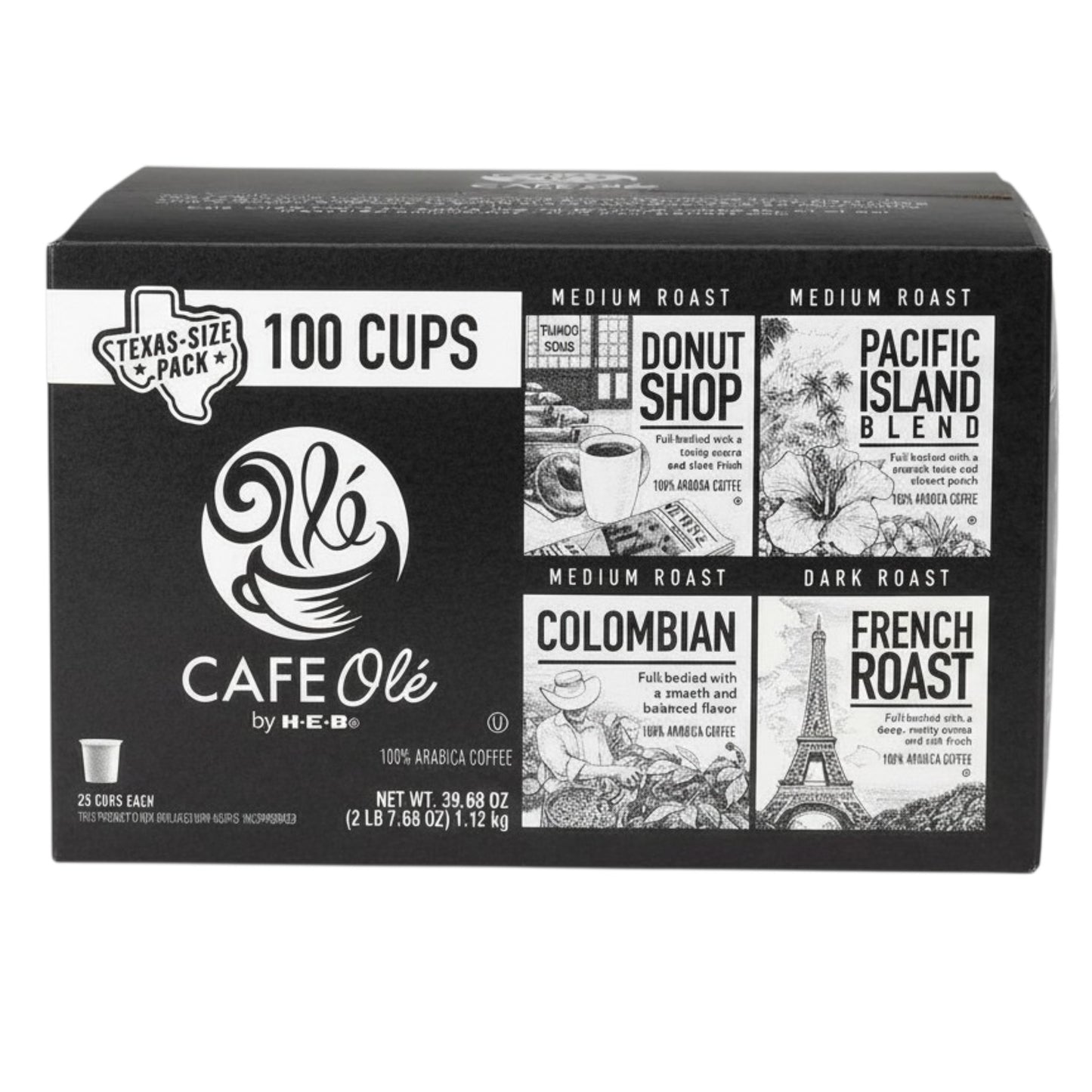 CAFE Ole by H-E-B Variety Pack Donut Shop Pacific Island Colombian French Roast Coffee Single Serve Cups 100 Count