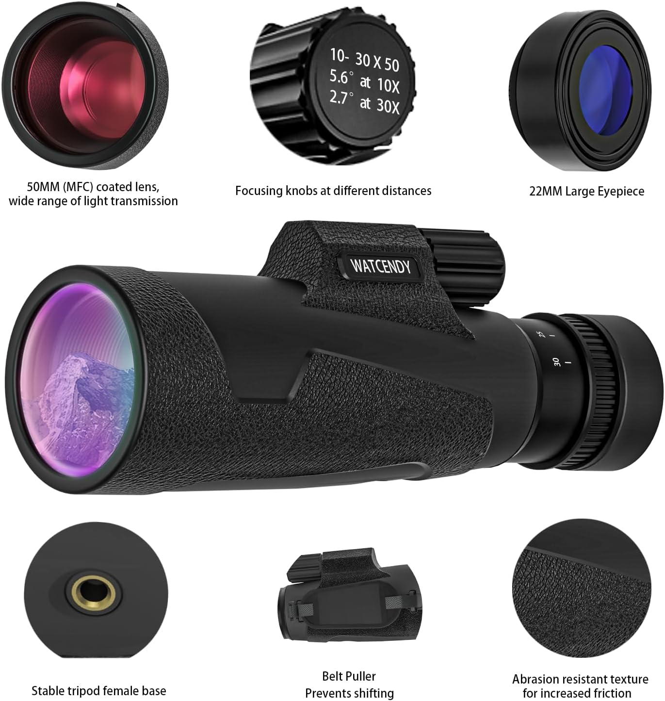10-30X50 High Powered Monocular Telescope Tripod Smartphone Adapter Black